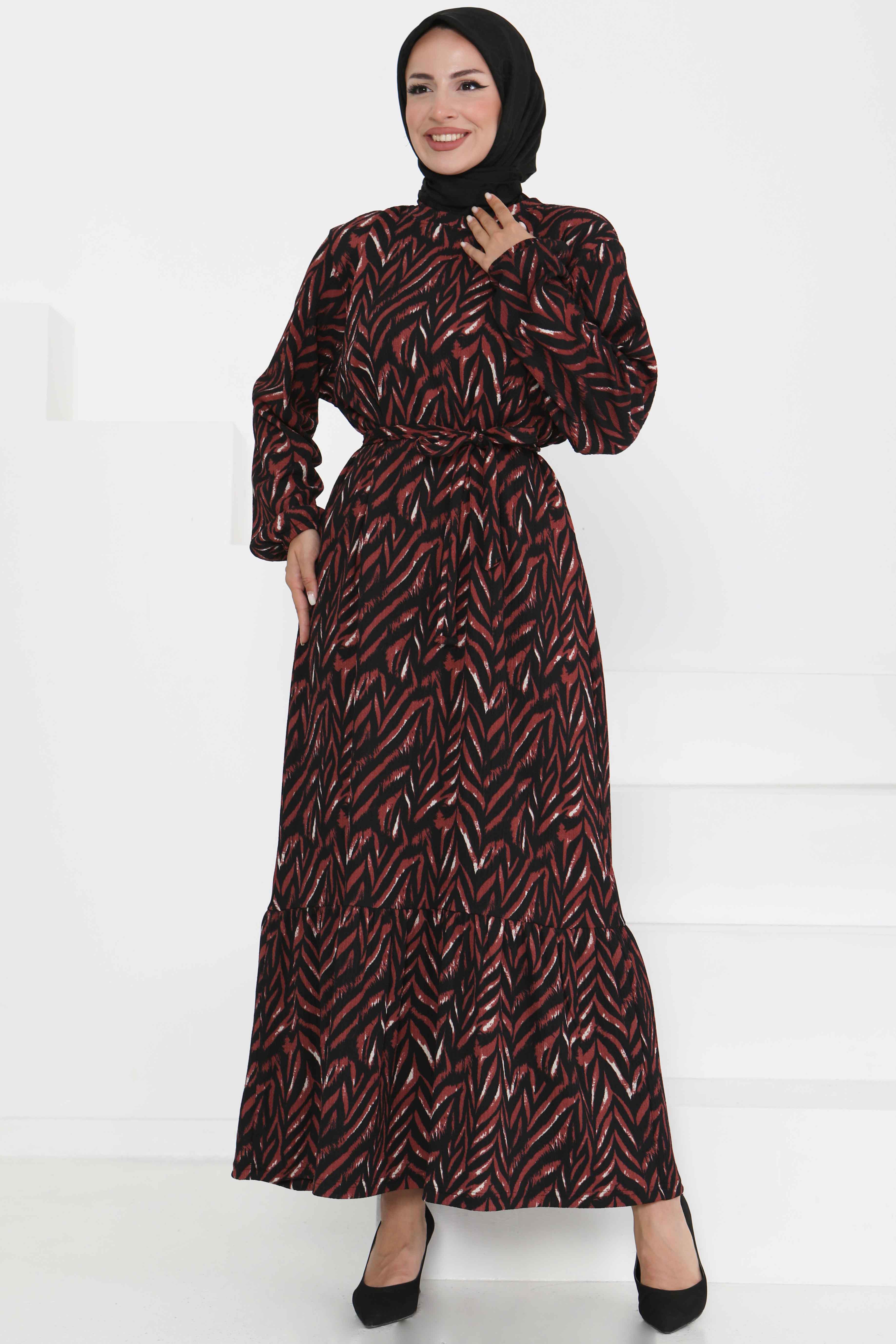 Desenli Kuşaklı Elbise Bordo - 27363 - 2