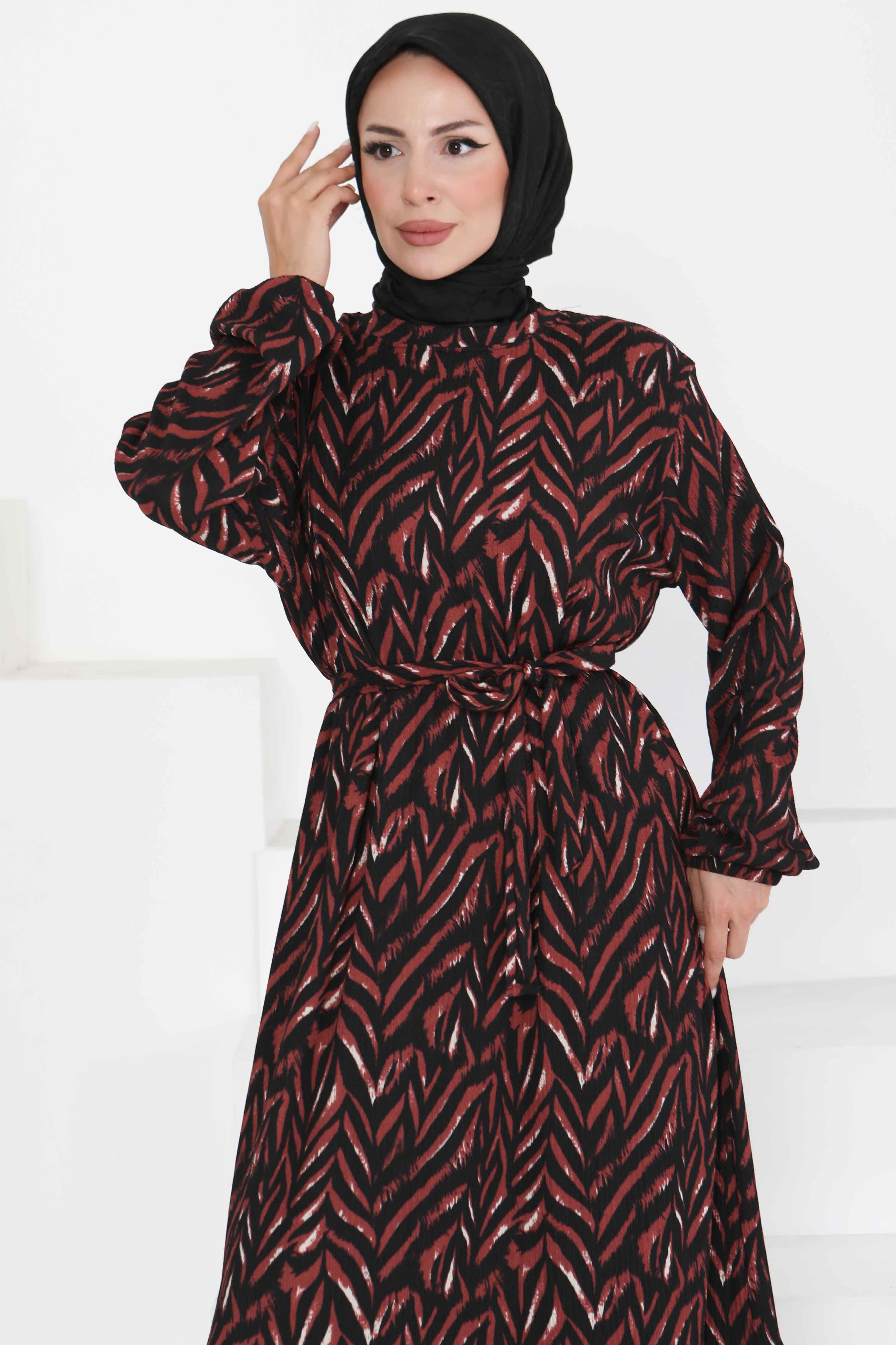 Desenli Kuşaklı Elbise Bordo - 27363 - 3