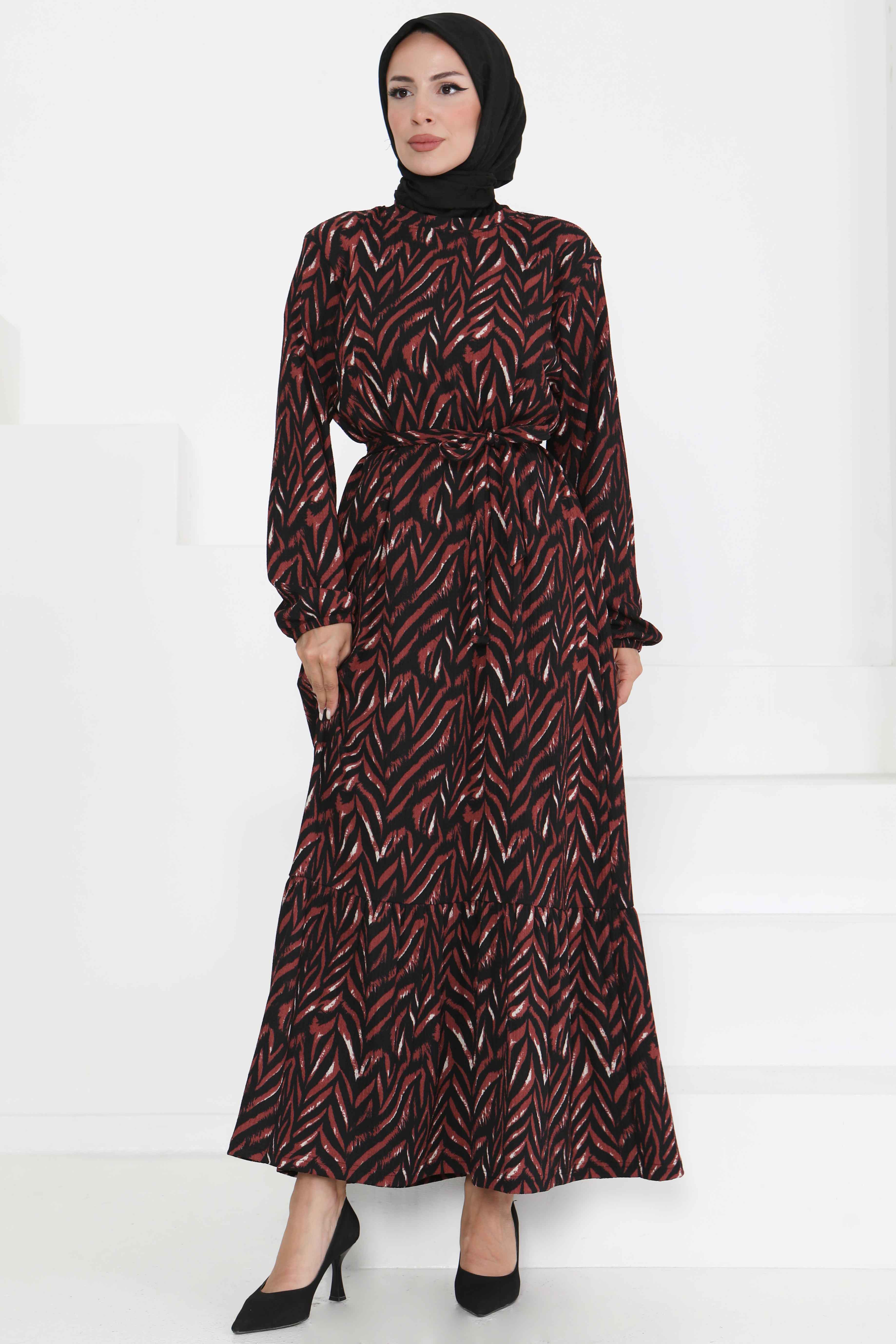 Desenli Kuşaklı Elbise Bordo - 27363 - 4