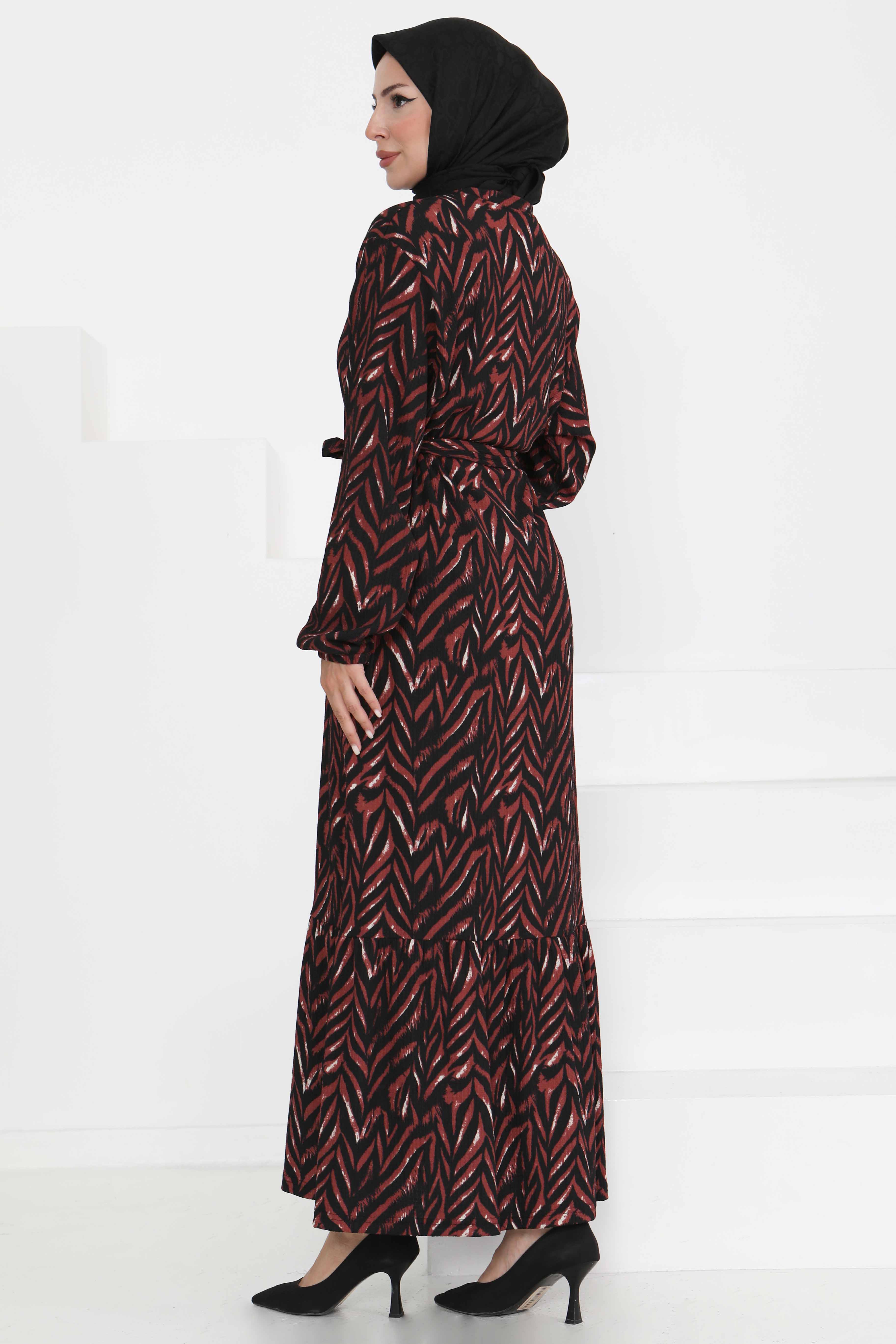 Desenli Kuşaklı Elbise Bordo - 27363 - 5