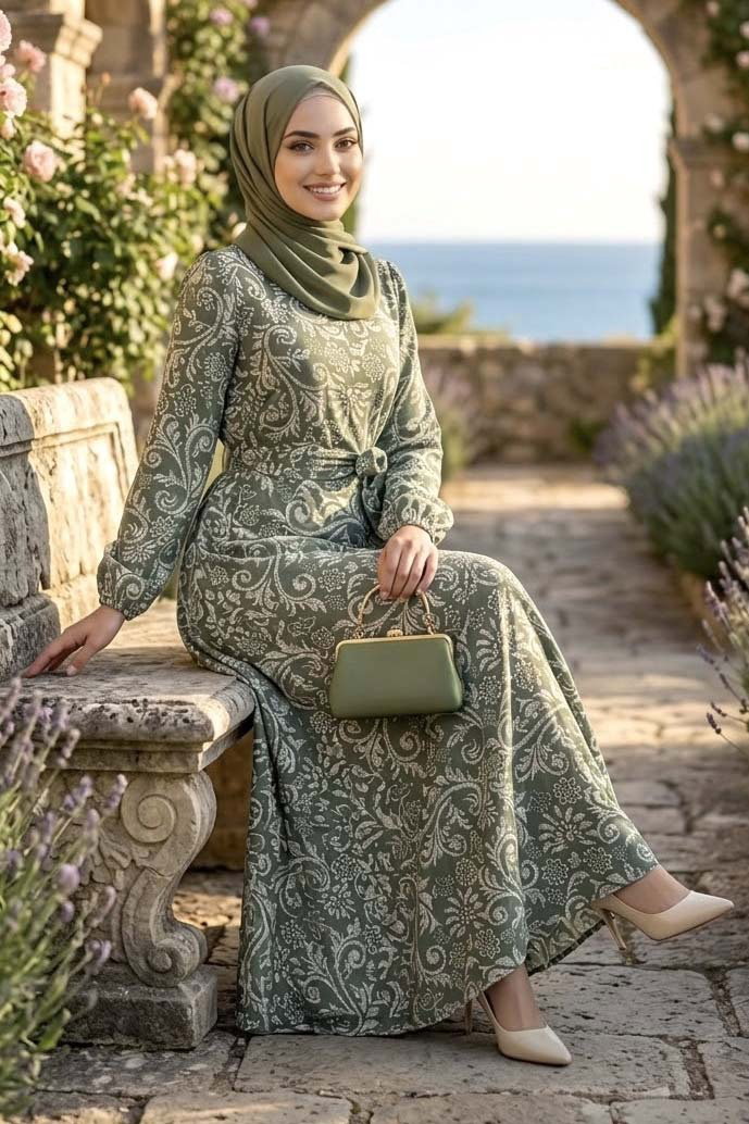 Desenli Kuşaklı Elbise Haki - 28489-HAKI - 1