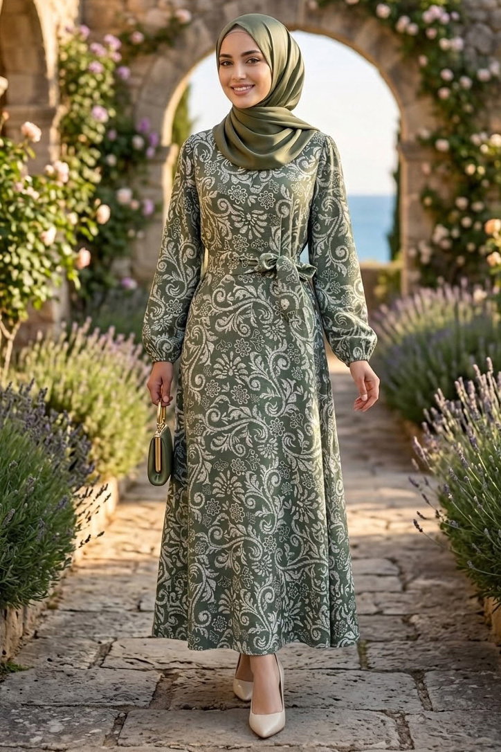 Desenli Kuşaklı Elbise Haki - 28489-HAKI - 2