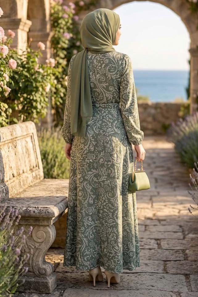 Desenli Kuşaklı Elbise Haki - 28489-HAKI - 3