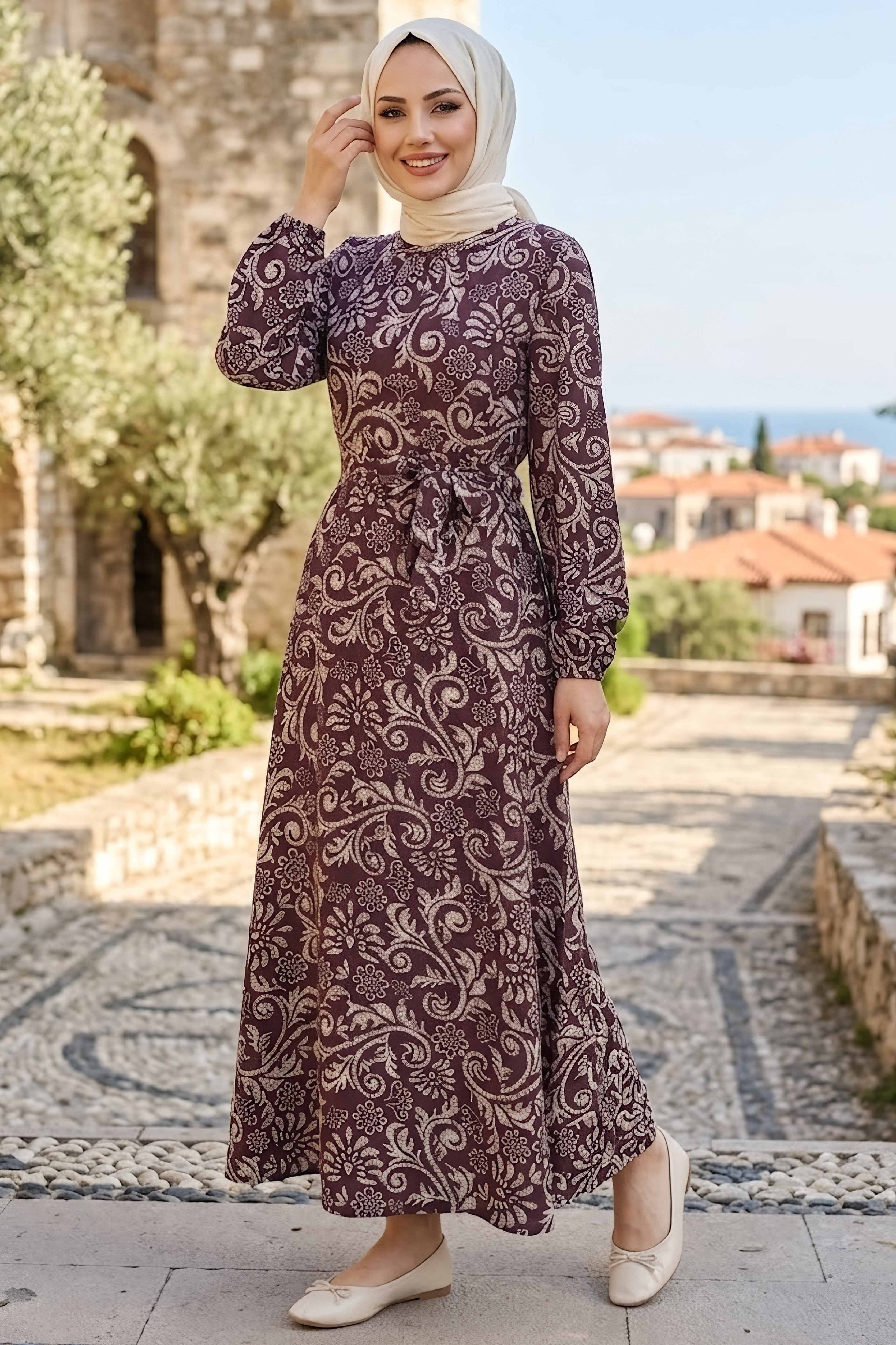 Desenli Kuşaklı Elbise Kahve - 28489-KAHVE - 1