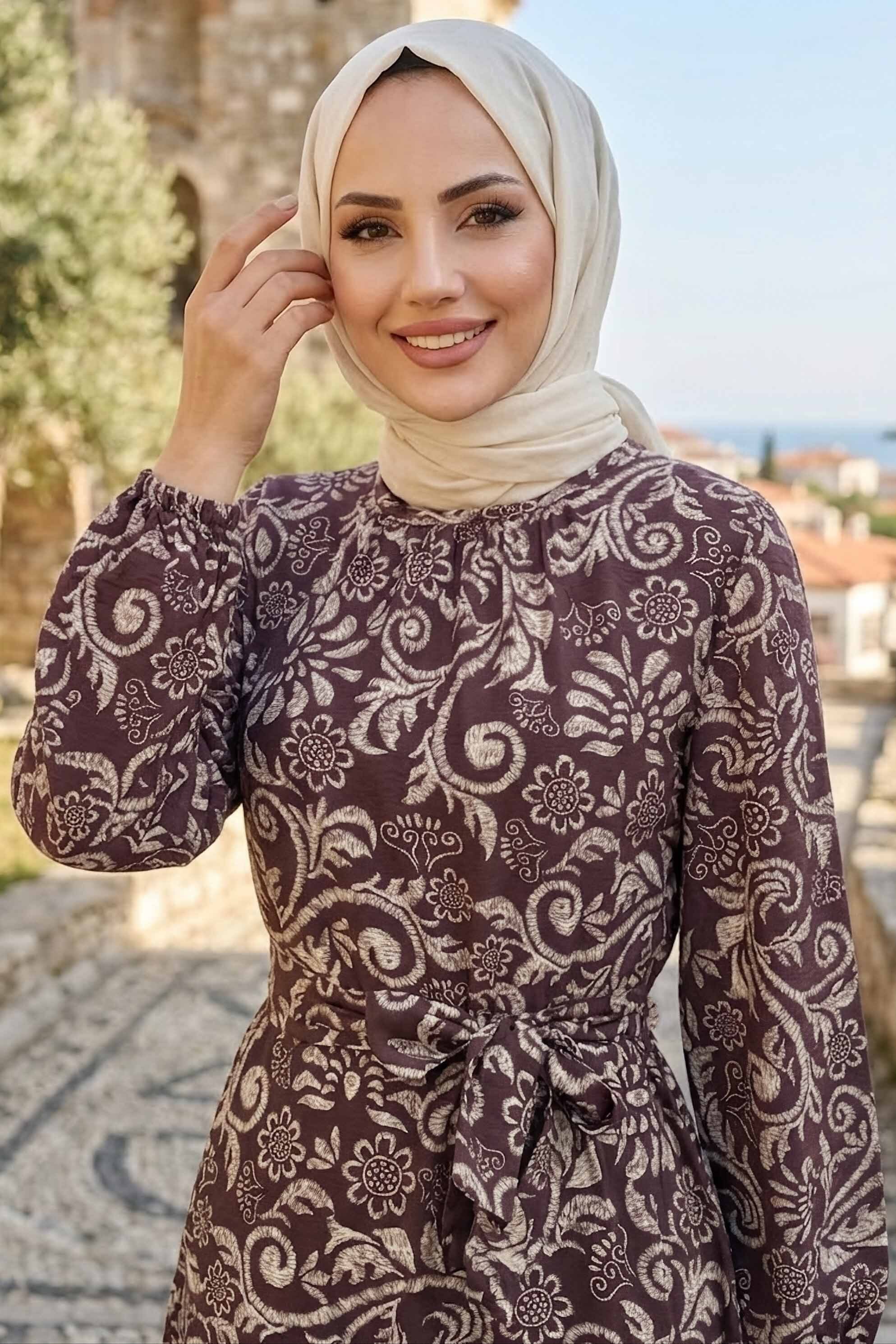 Desenli Kuşaklı Elbise Kahve - 28489-KAHVE - 2