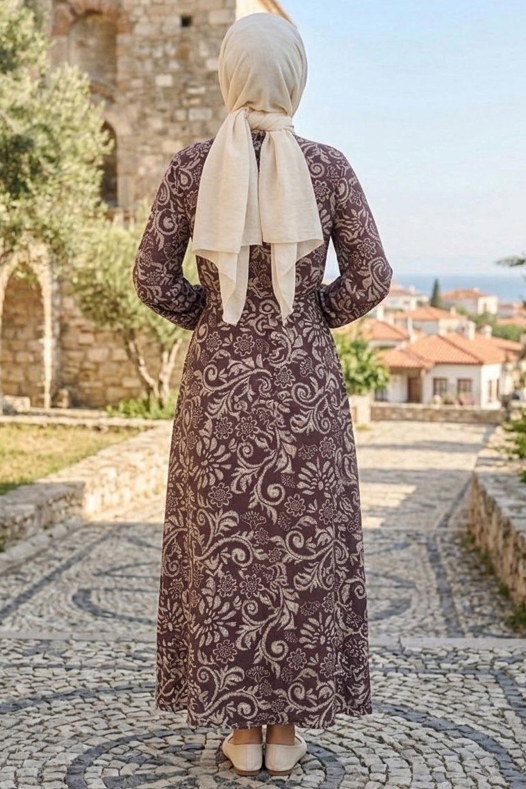Desenli Kuşaklı Elbise Kahve - 28489-KAHVE - 4