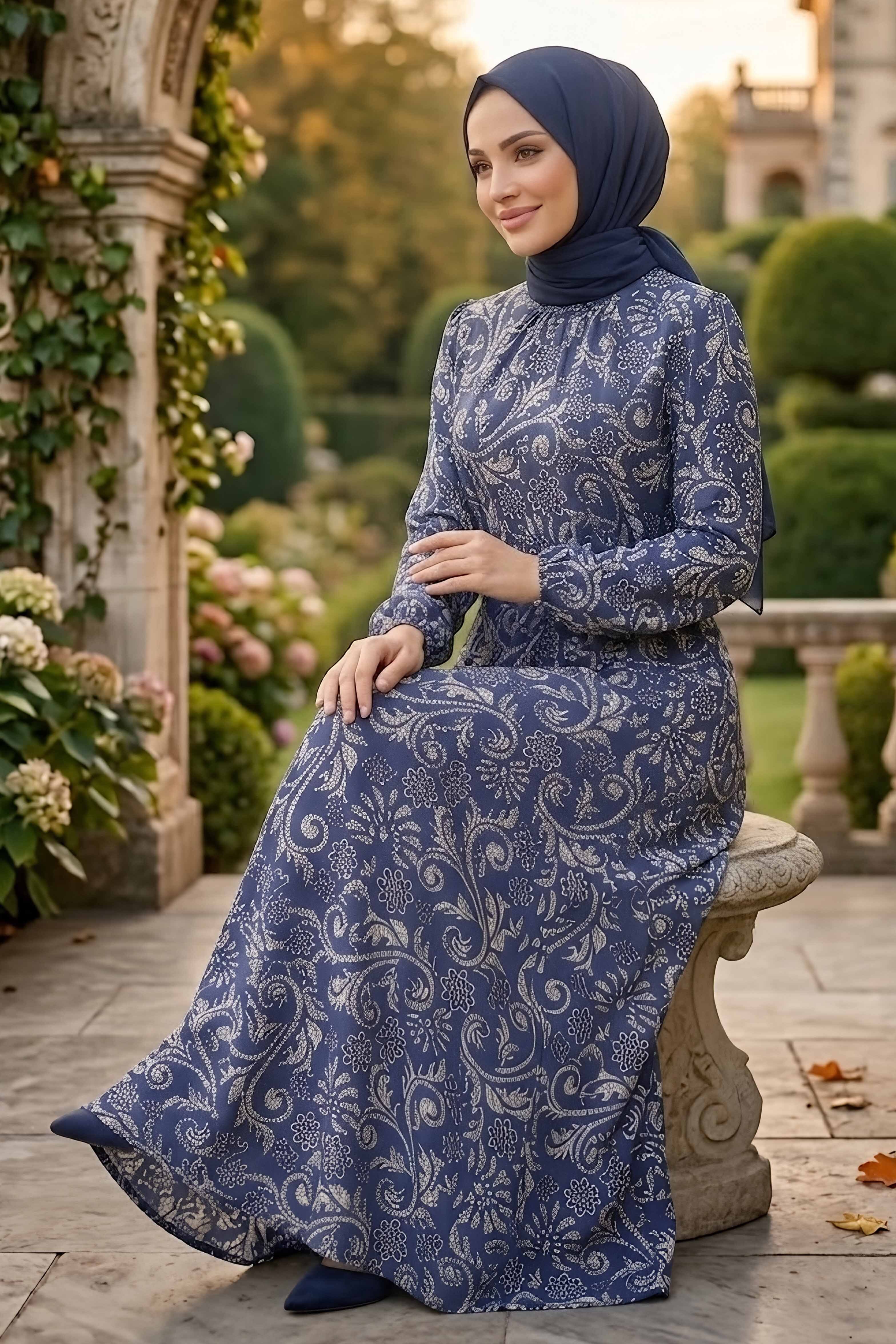 Desenli Kuşaklı Elbise Lacivert - 28489-LACIVERT - 1