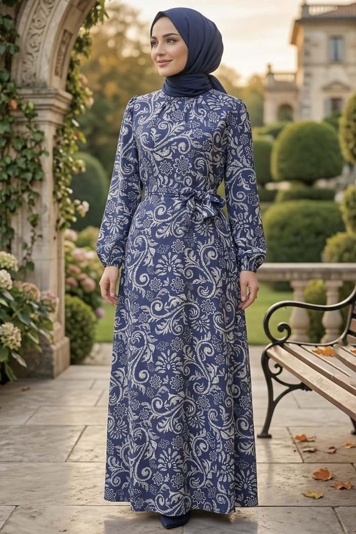 Desenli Kuşaklı Elbise Lacivert - 28489-LACIVERT - 2