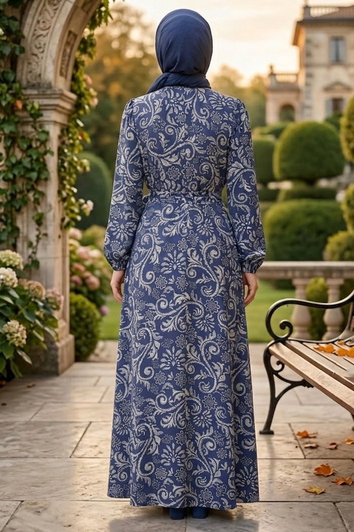 Desenli Kuşaklı Elbise Lacivert - 28489-LACIVERT - 3