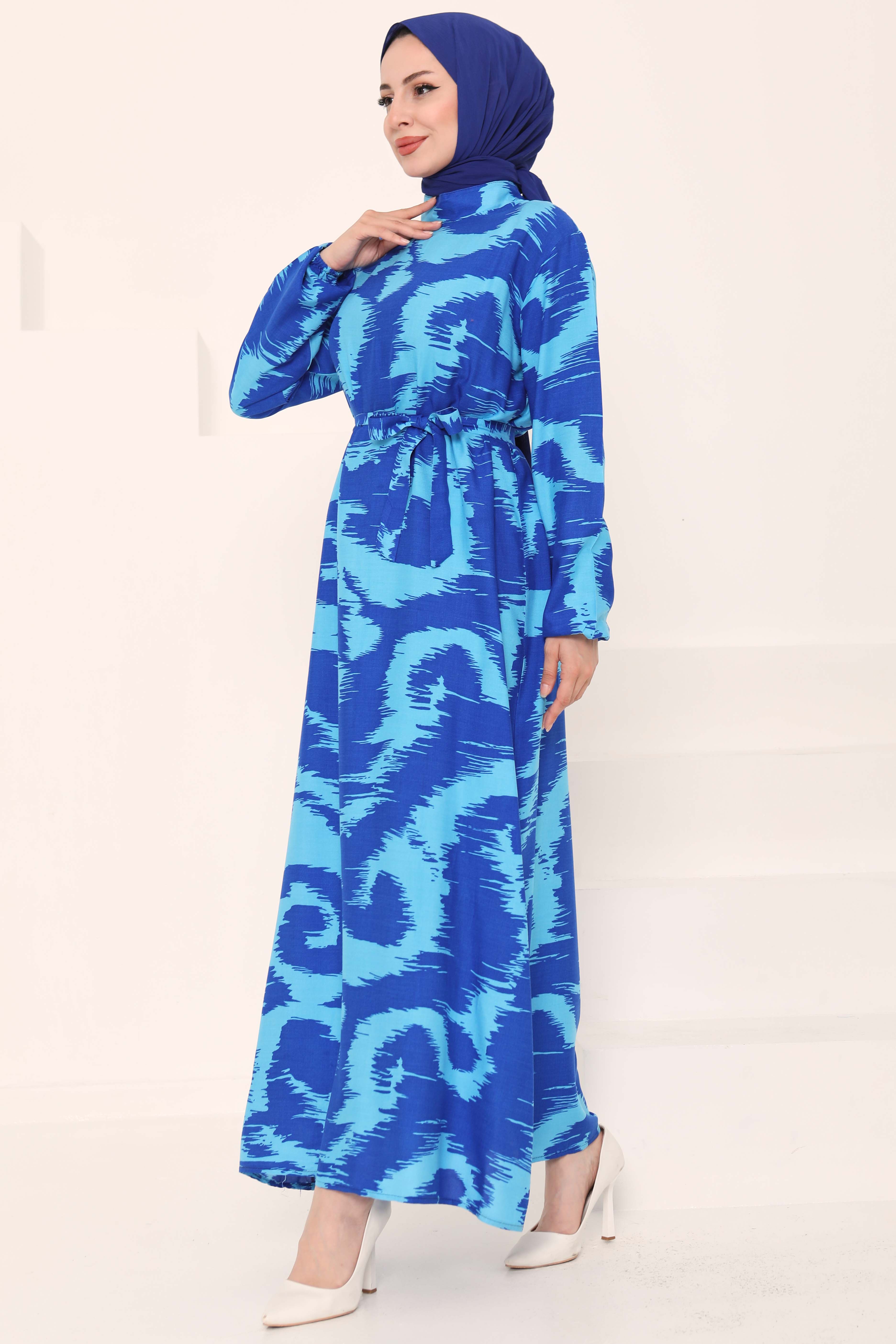 Desenli Kuşaklı Elbise Mavi - 27039 - 4