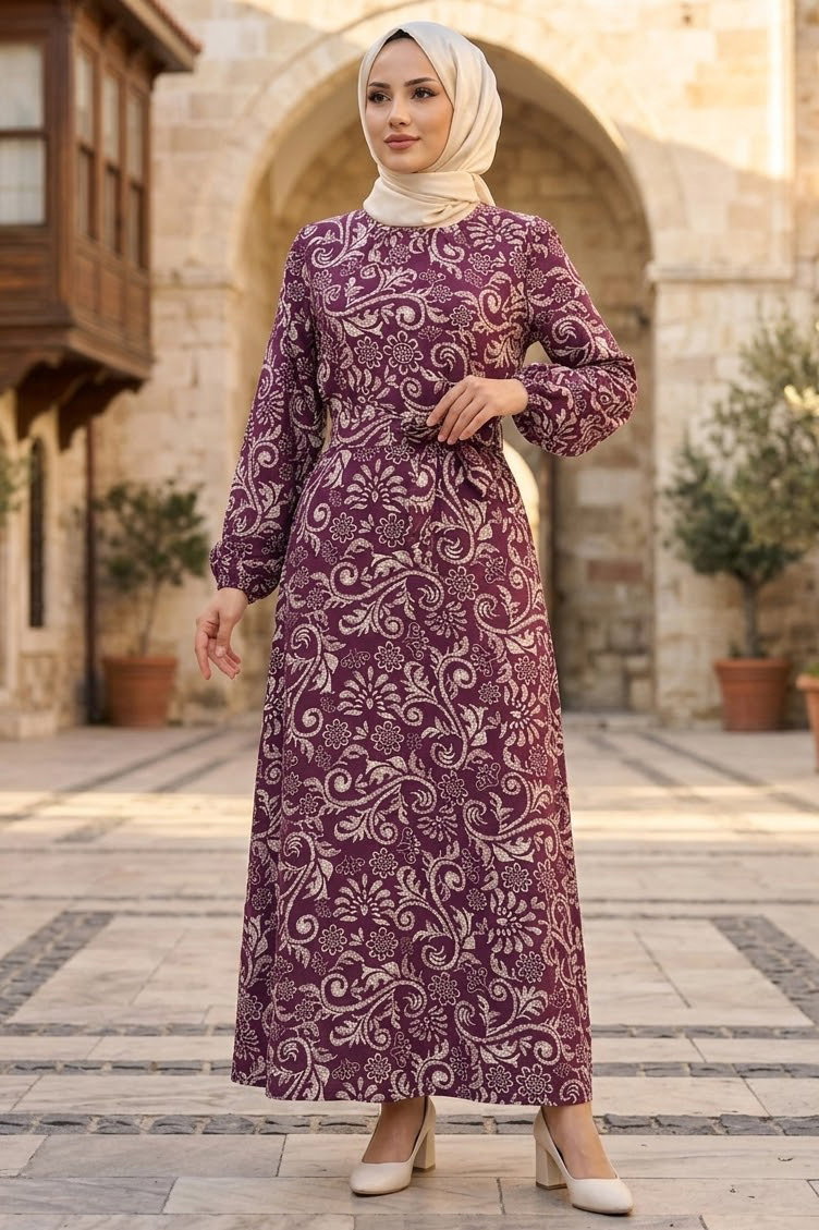 Desenli Kuşaklı Elbise Murdum - 28489-MURDUM - 1