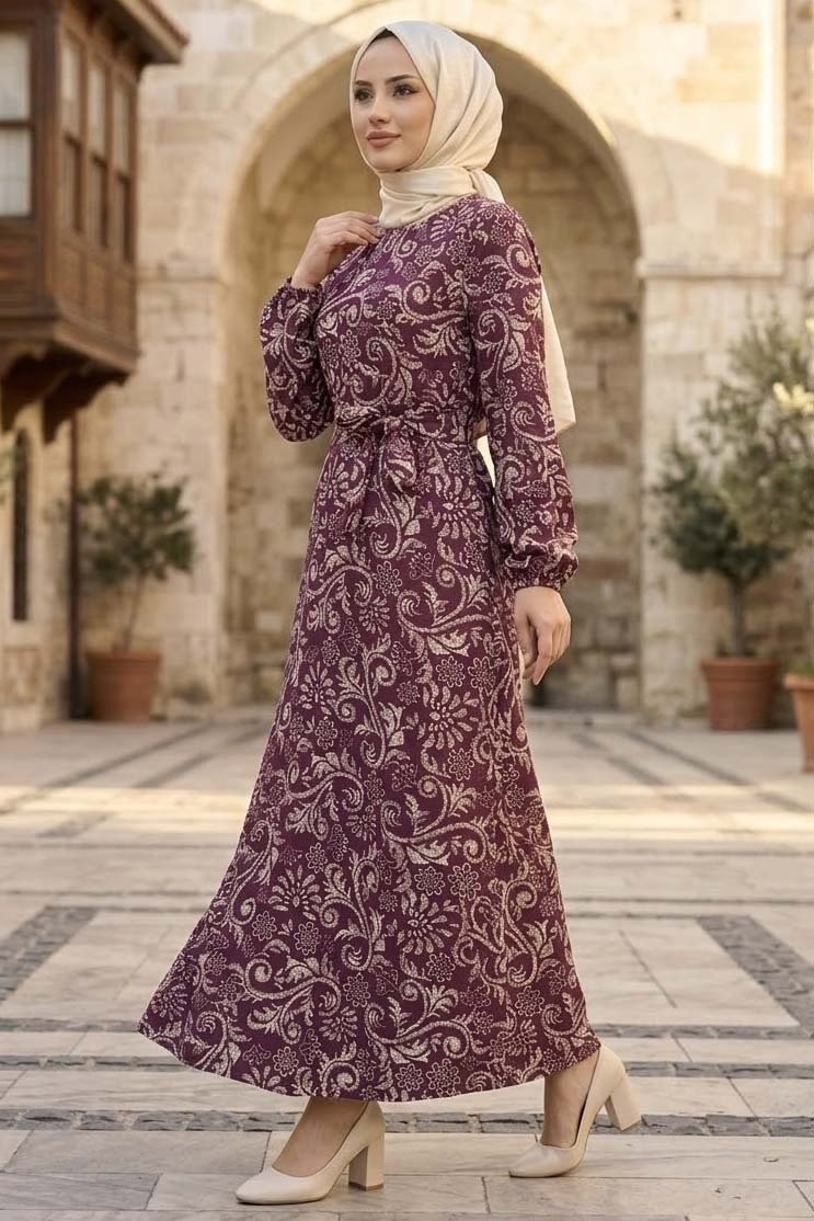 Desenli Kuşaklı Elbise Murdum - 28489-MURDUM - 2