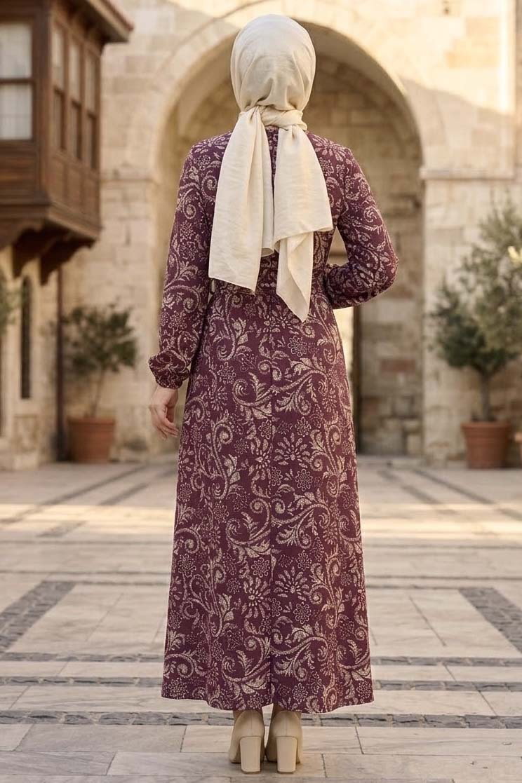 Desenli Kuşaklı Elbise Murdum - 28489-MURDUM - 3