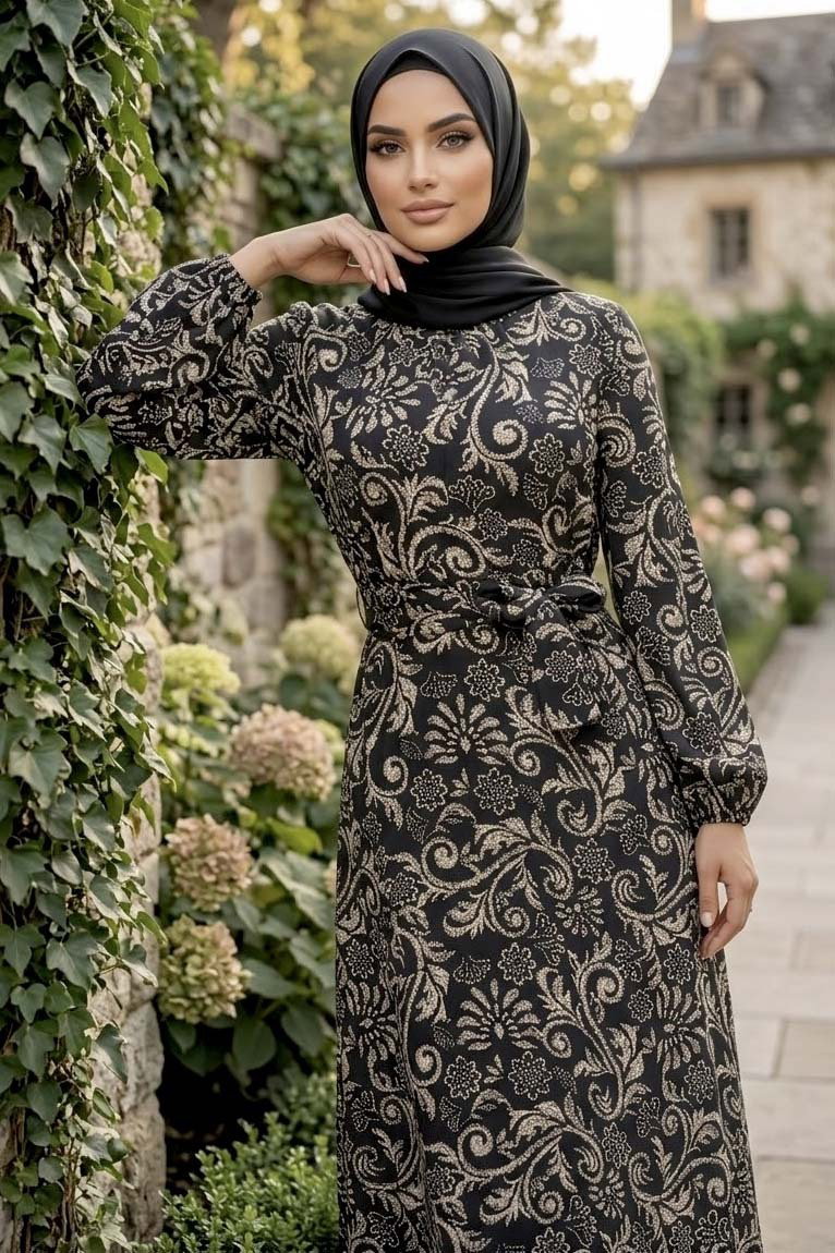 Desenli Kuşaklı Elbise Siyah - 28489-SIYAH - 1