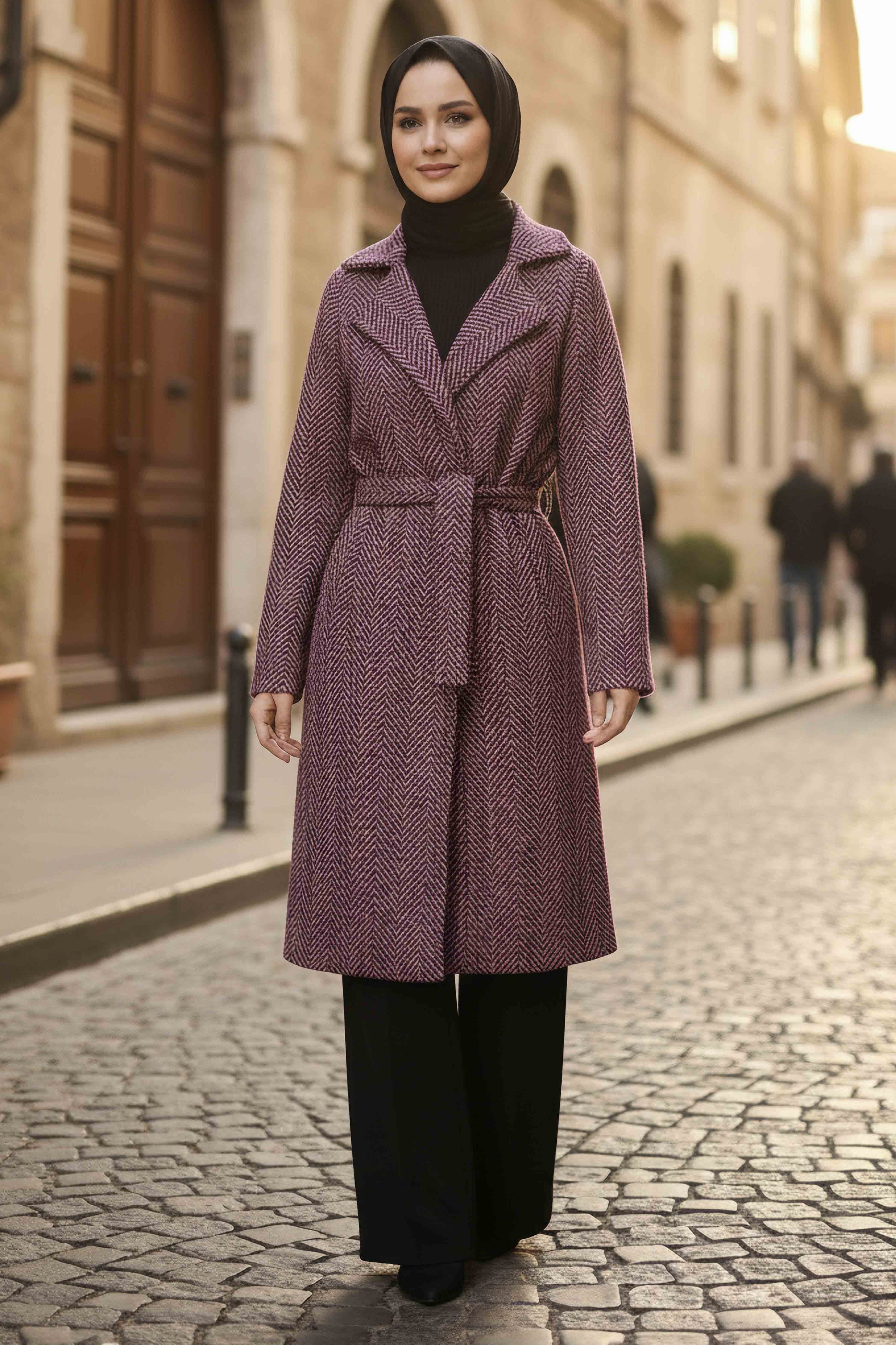 Desenli Kuşaklı Kaşe Kaban - 28095-FUSYA - 2