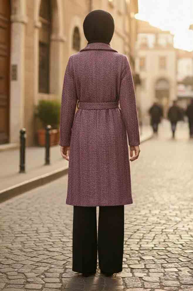 Desenli Kuşaklı Kaşe Kaban - 28095-FUSYA - 3