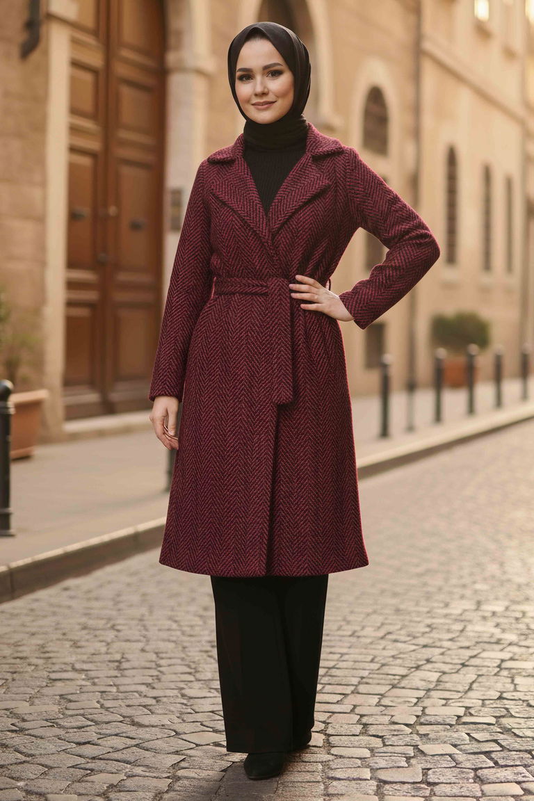 Desenli Kuşaklı Kaşe Kaban - 28095-KIRMIZI - TOFİSA