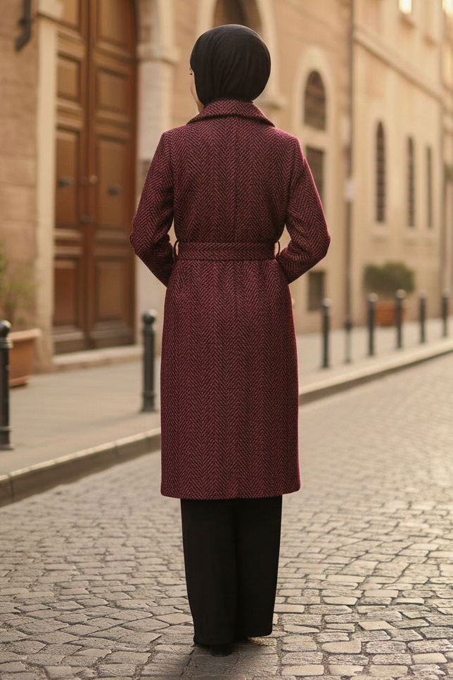 Desenli Kuşaklı Kaşe Kaban - 28095-KIRMIZI - 3