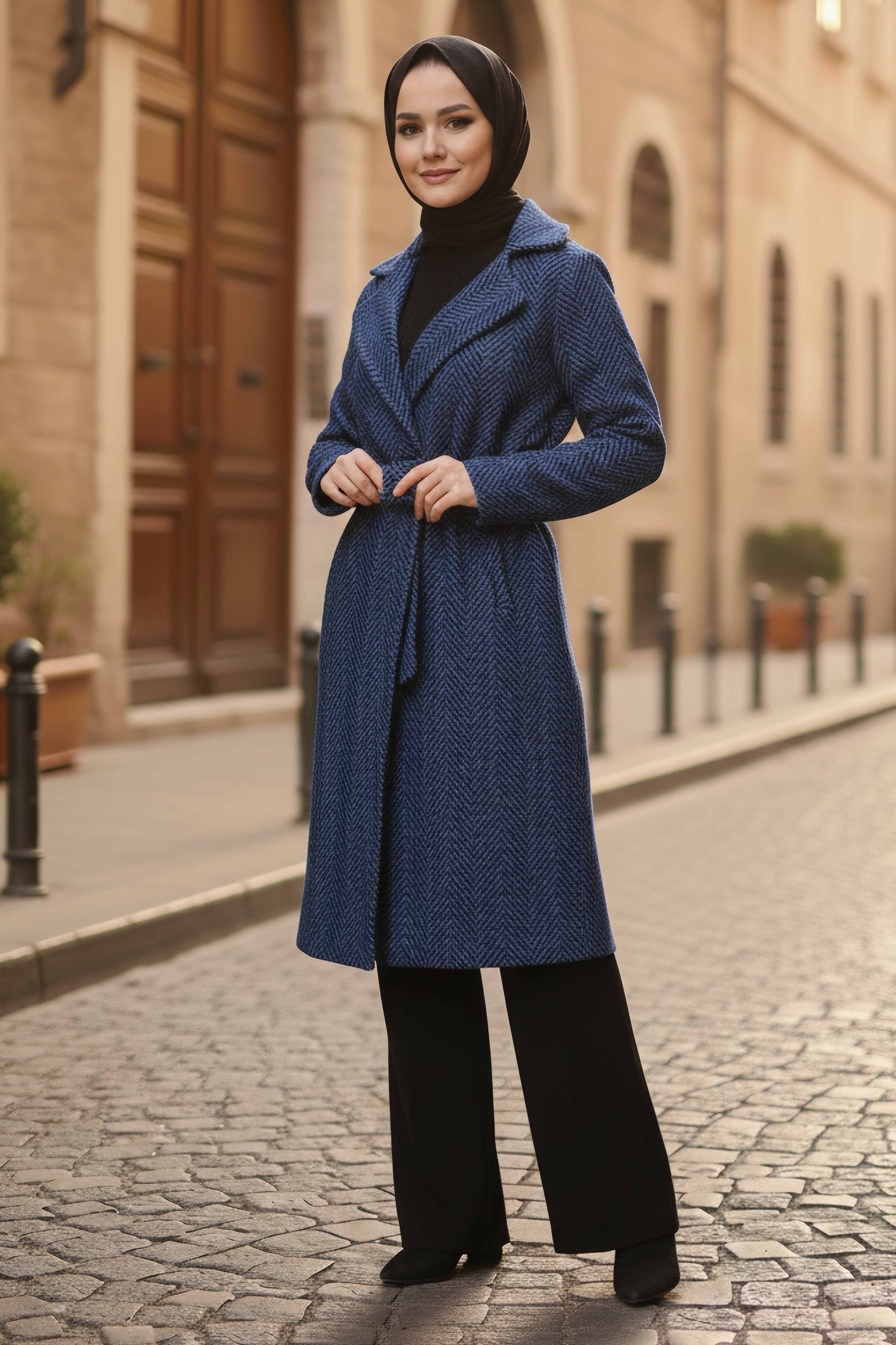 Desenli Kuşaklı Kaşe Kaban - 28095-LACIVERT - 1