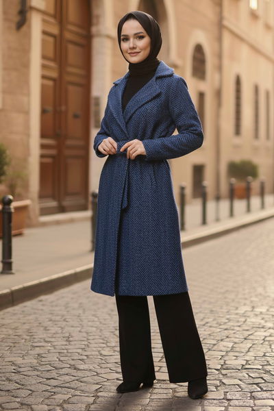 Desenli Kuşaklı Kaşe Kaban - 28095-LACIVERT 