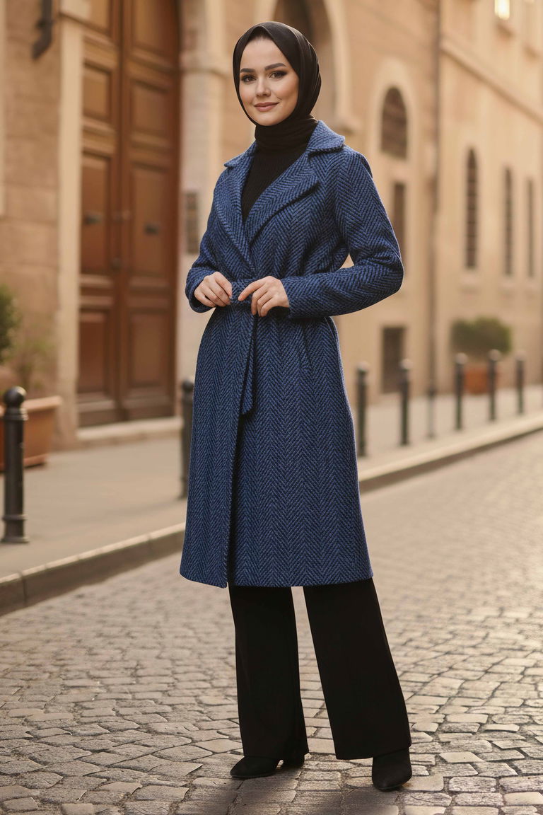 Desenli Kuşaklı Kaşe Kaban - 28095-LACIVERT - TOFİSA