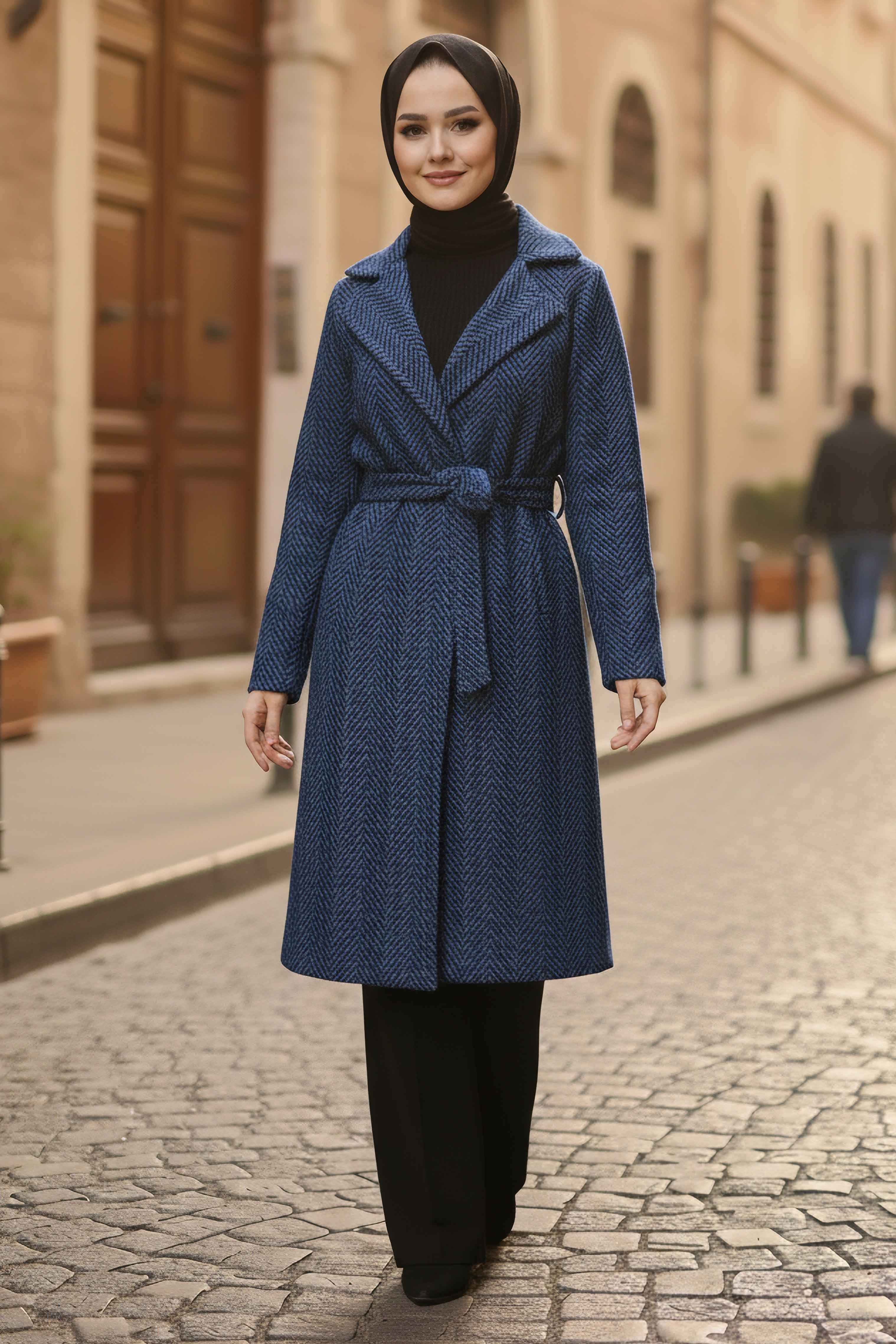 Desenli Kuşaklı Kaşe Kaban - 28095-LACIVERT - 2