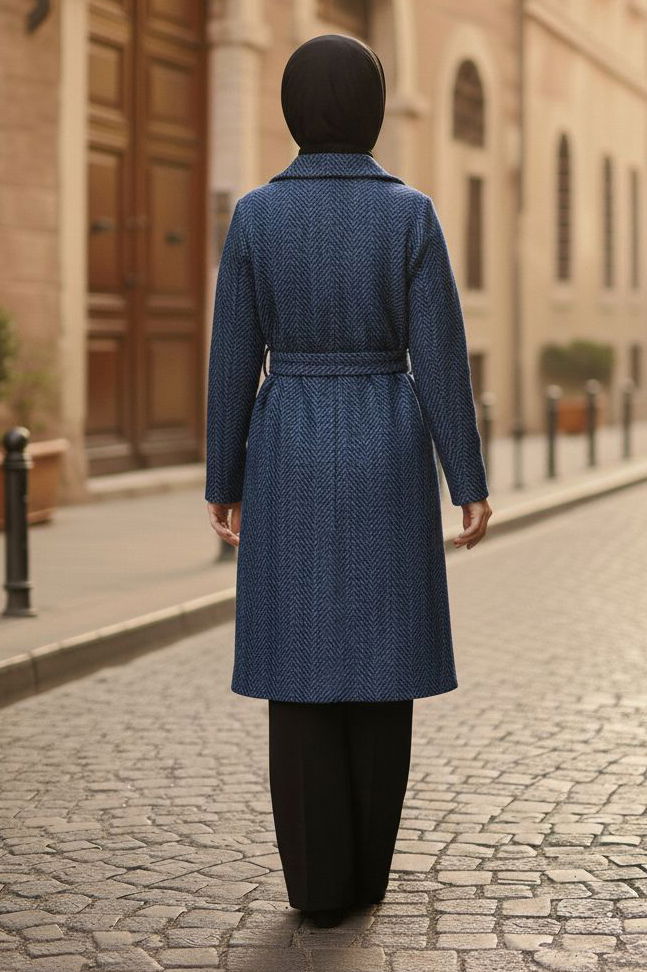 Desenli Kuşaklı Kaşe Kaban - 28095-LACIVERT - 3