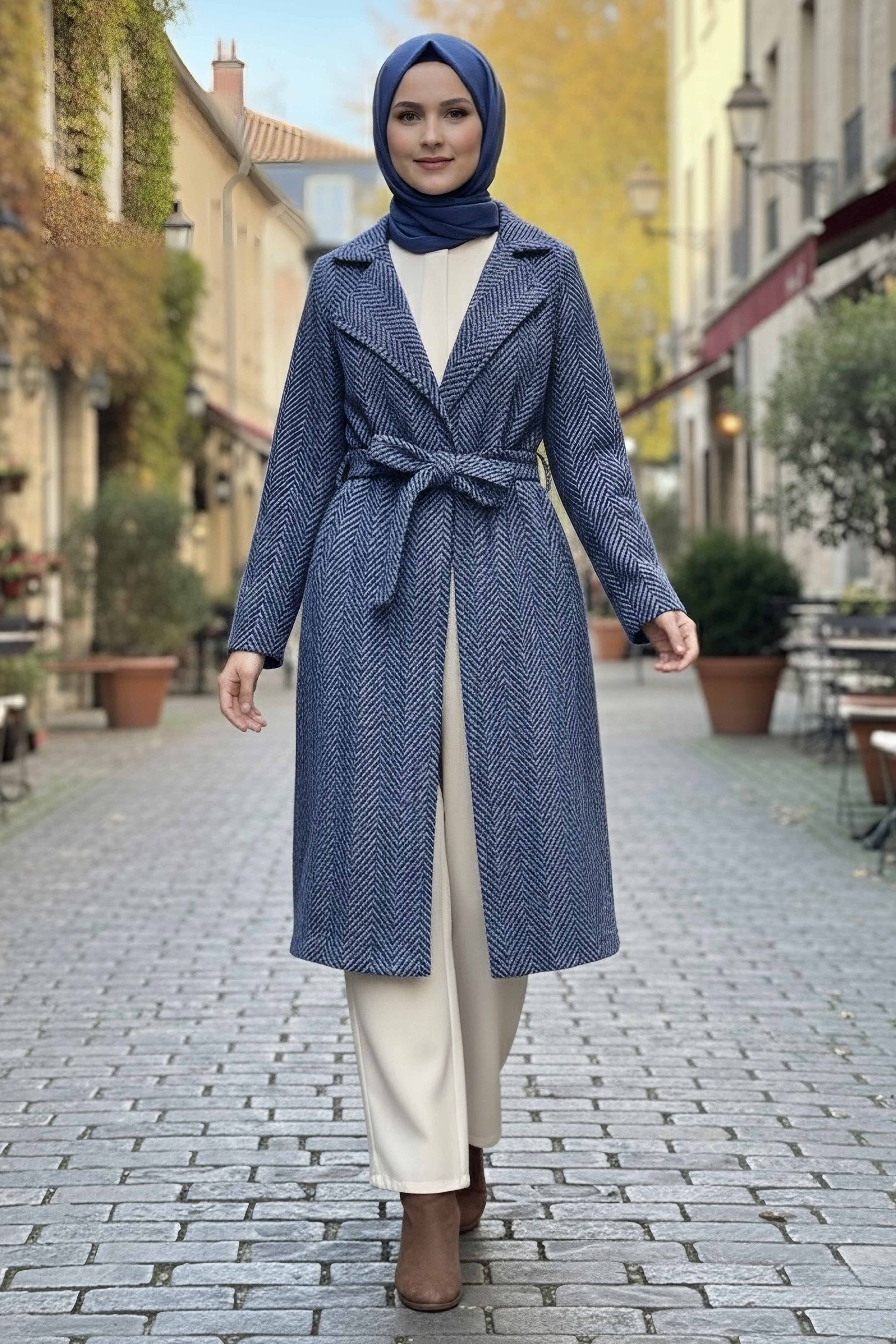 Desenli Kuşaklı Kaşe Kaban - 28095-MAVI - 1