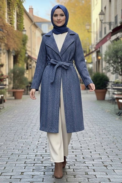 Desenli Kuşaklı Kaşe Kaban - 28095-MAVI 