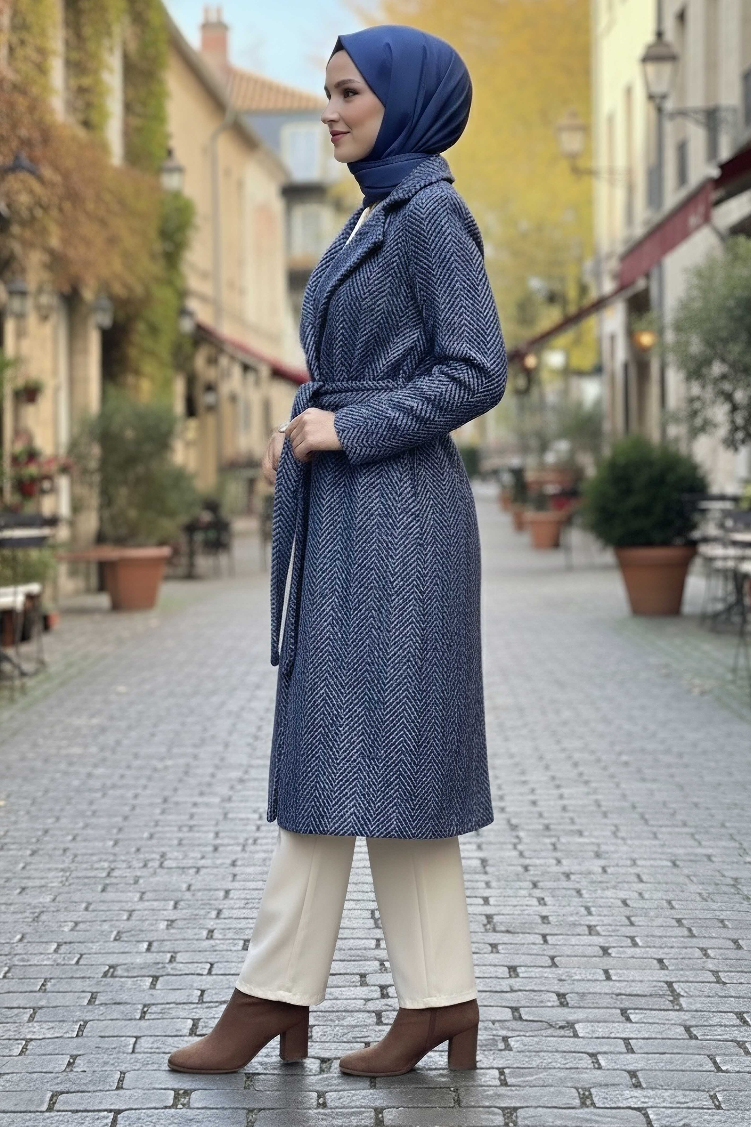 Desenli Kuşaklı Kaşe Kaban - 28095-MAVI - 2