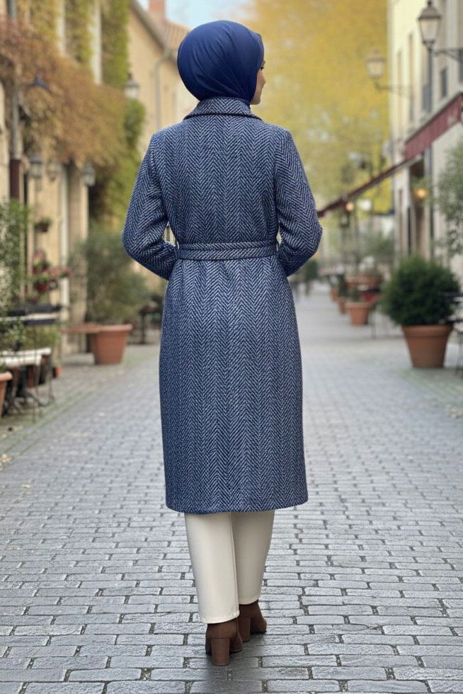 Desenli Kuşaklı Kaşe Kaban - 28095-MAVI - 3