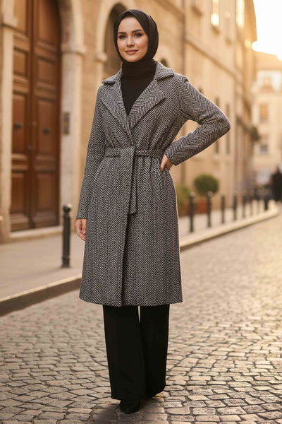 Desenli Kuşaklı Kaşe Kaban - 28095-SIYAH 