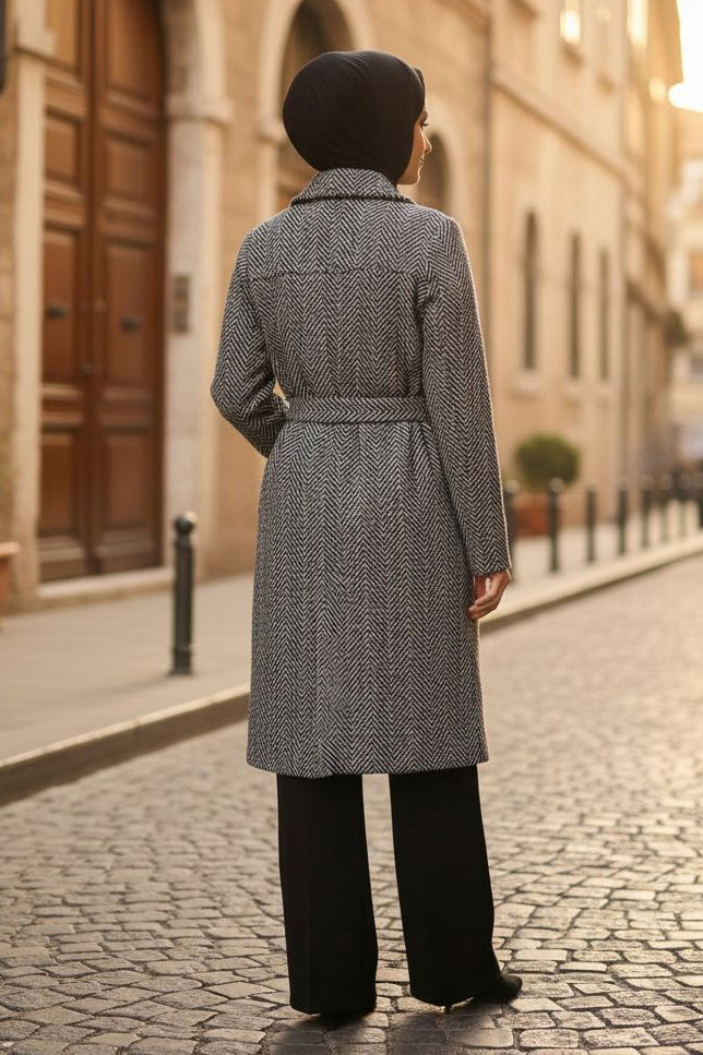 Desenli Kuşaklı Kaşe Kaban - 28095-SIYAH - 3