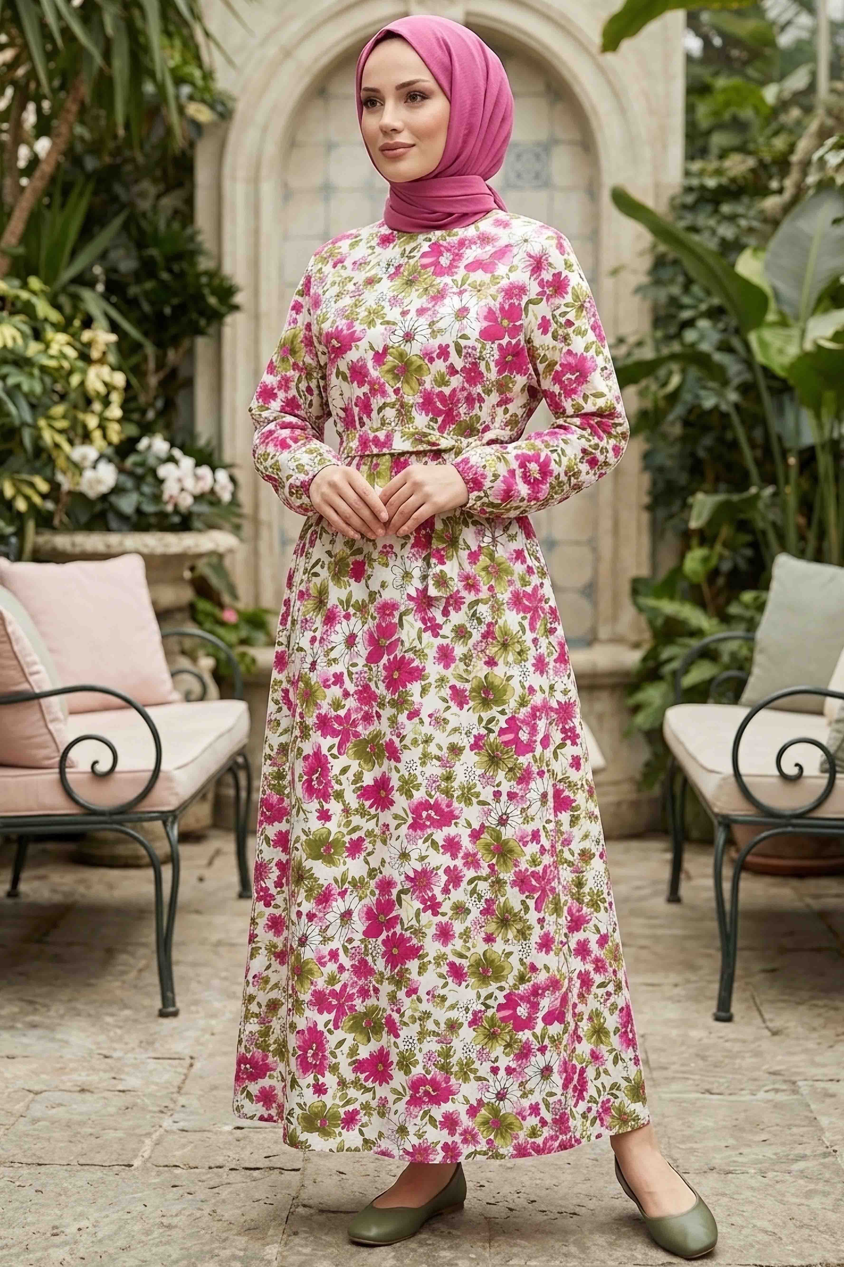 Desenli Kuşaklı Lastik Detaylı Elbise - 2115-FUSYA - 1