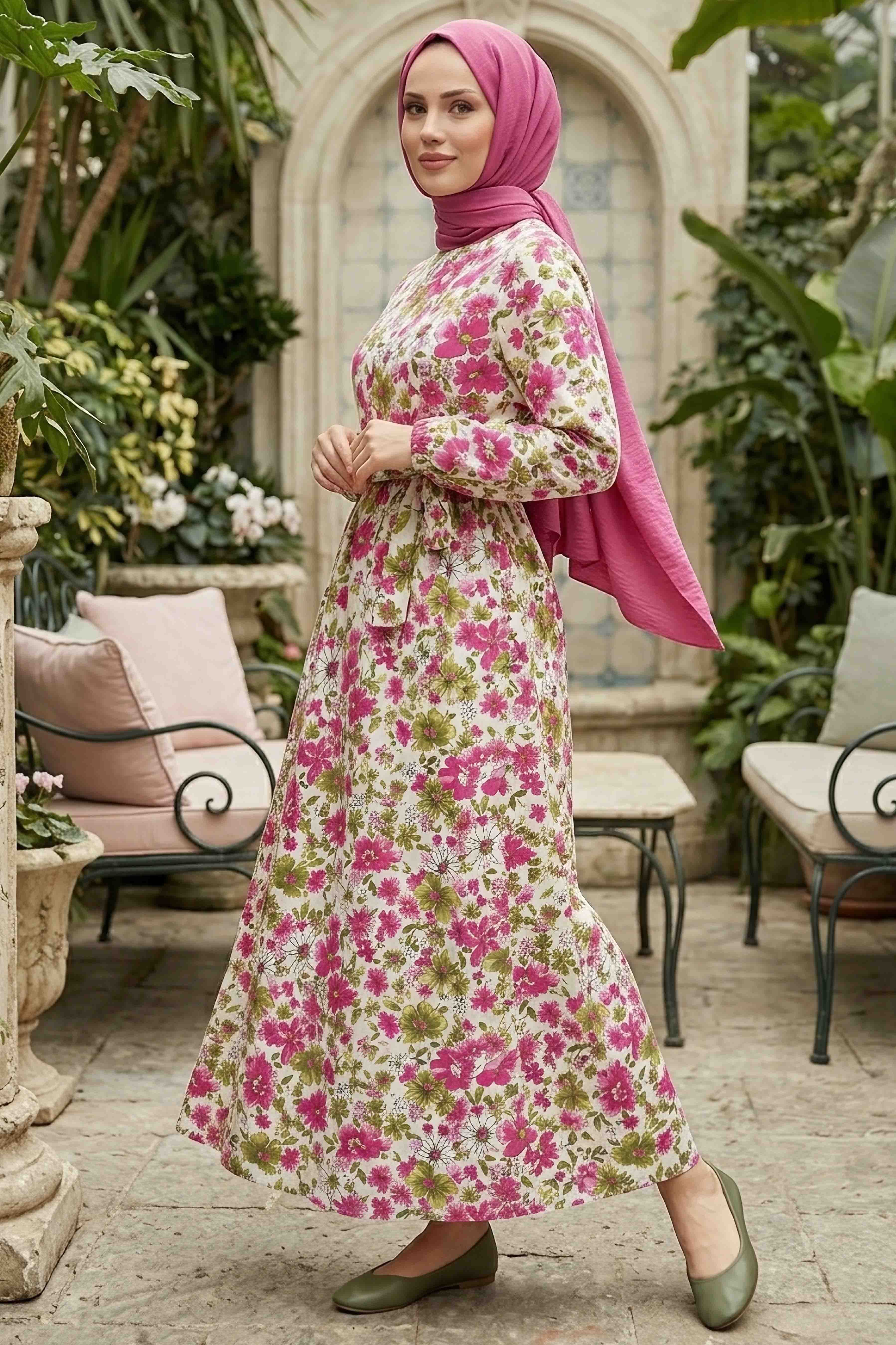 Desenli Kuşaklı Lastik Detaylı Elbise - 2115-FUSYA - 2