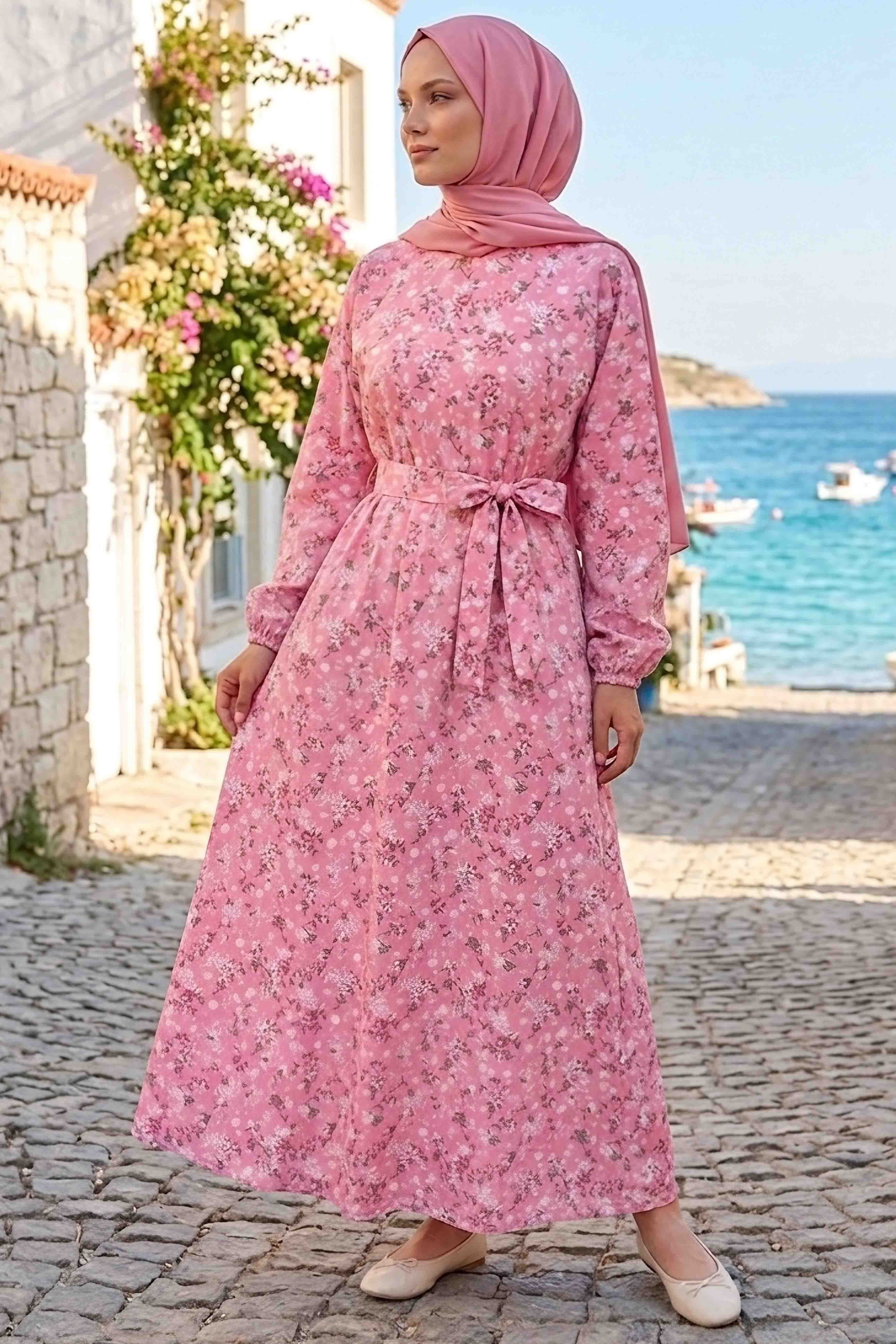 Desenli Kuşaklı Lastik Detaylı Elbise - 2115-GUL - 1