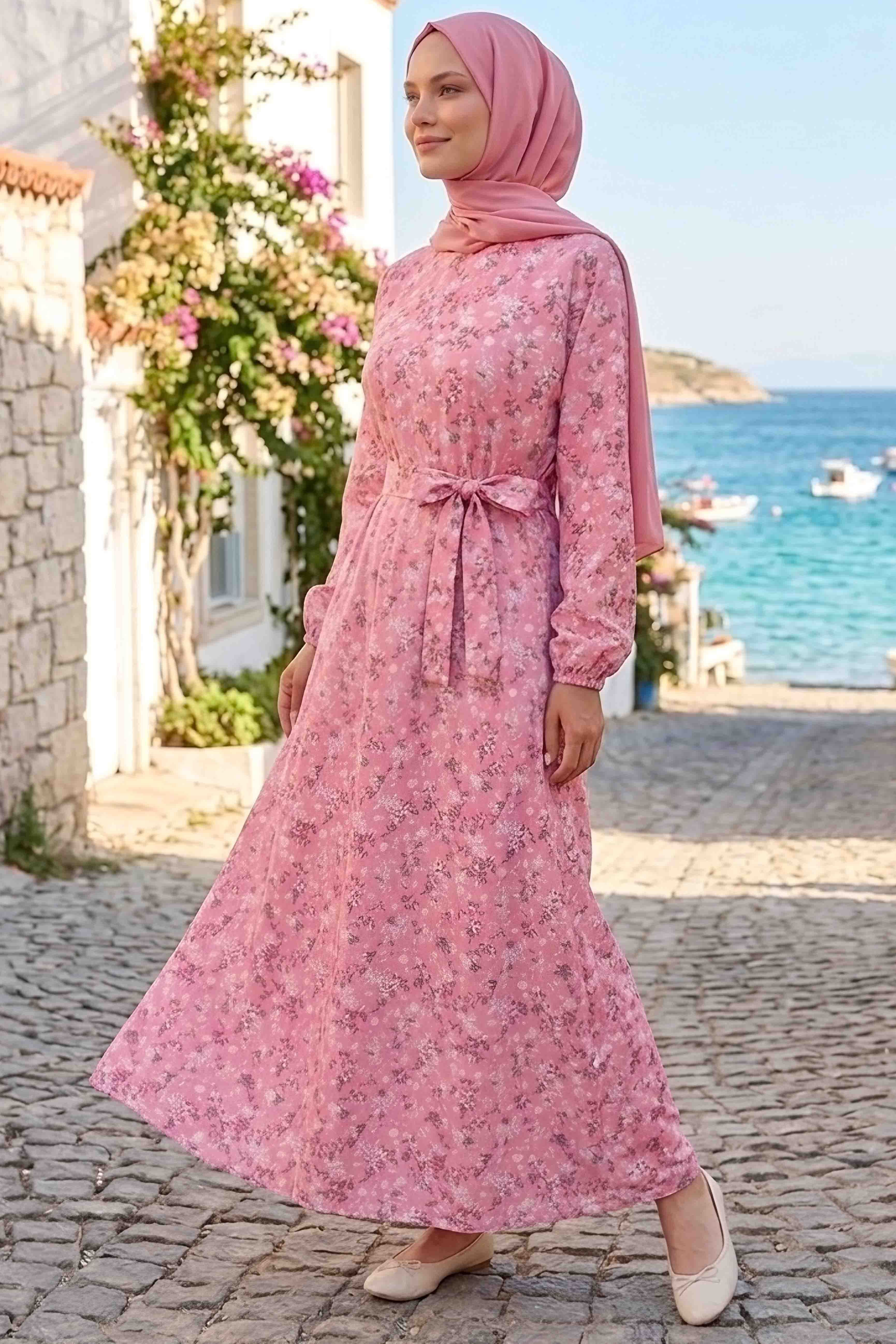 Desenli Kuşaklı Lastik Detaylı Elbise - 2115-GUL - 2