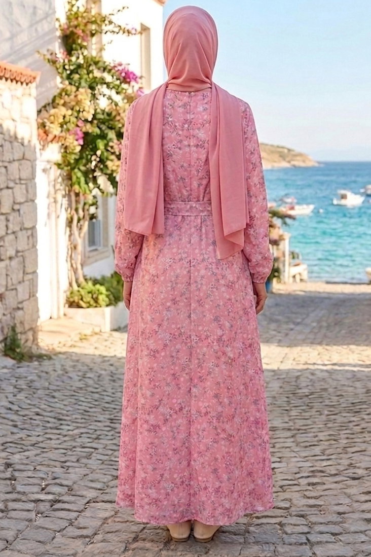 Desenli Kuşaklı Lastik Detaylı Elbise - 2115-GUL - 3