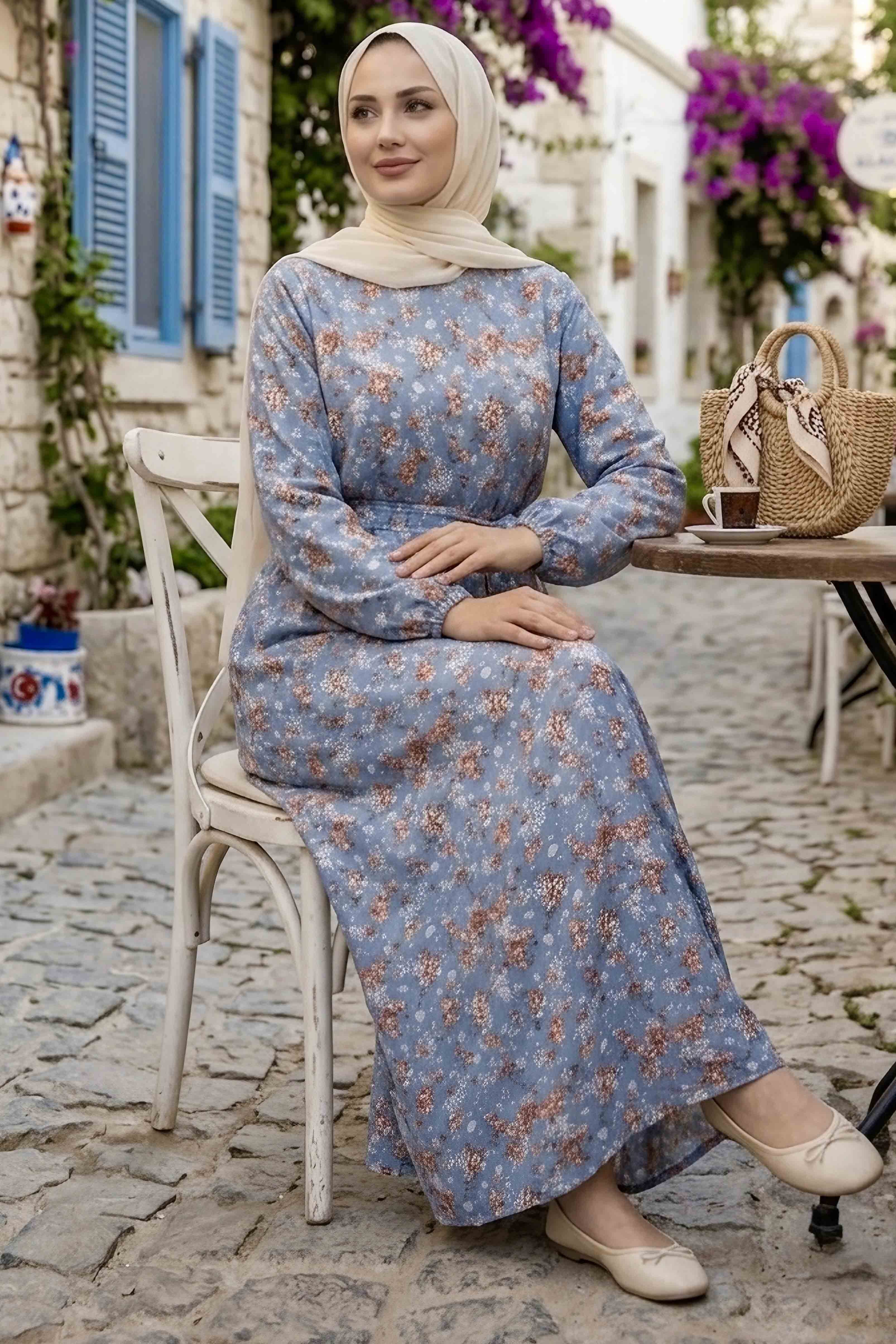 Desenli Kuşaklı Lastik Detaylı Elbise - 2115-INDIGO - 1