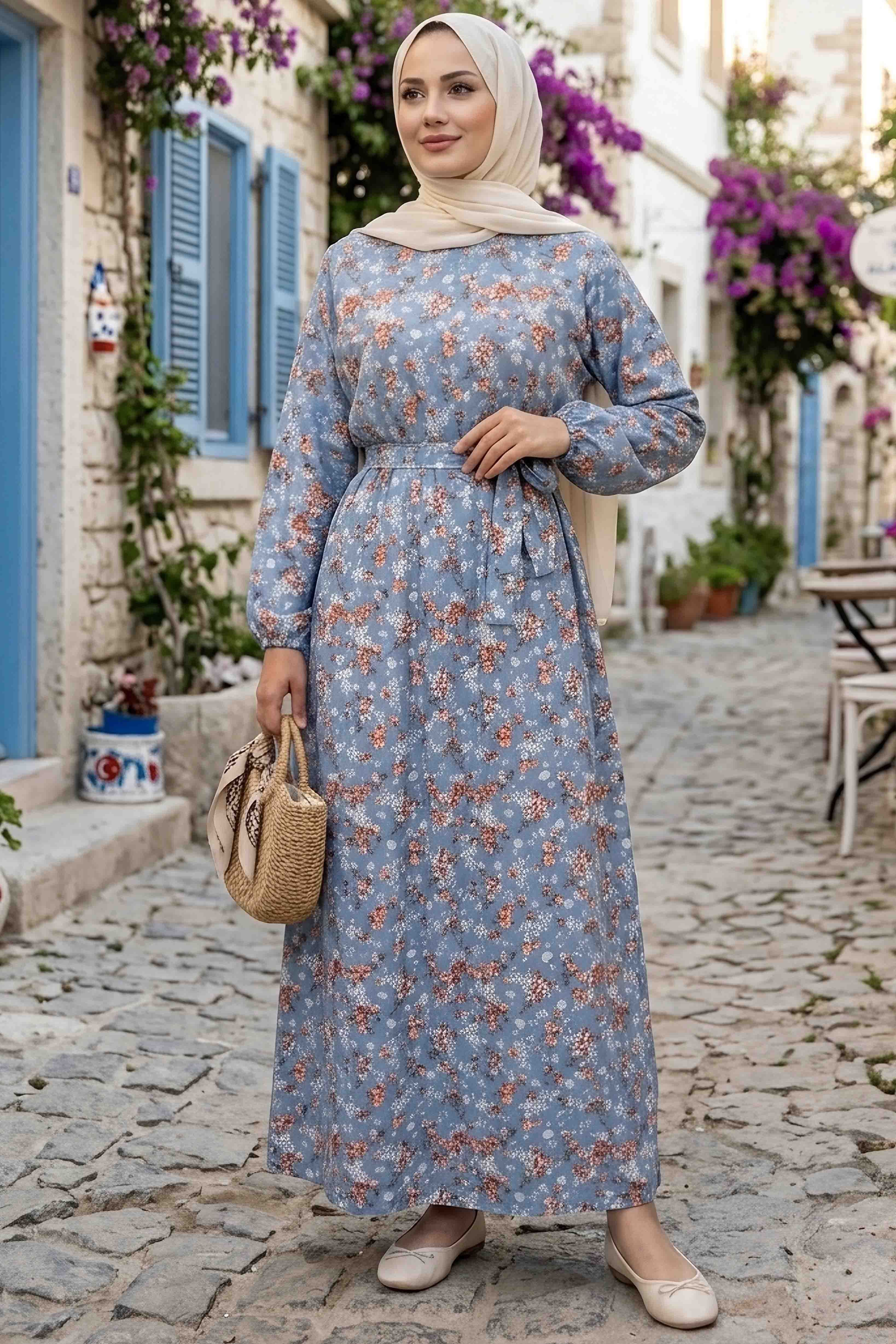 Desenli Kuşaklı Lastik Detaylı Elbise - 2115-INDIGO - 2