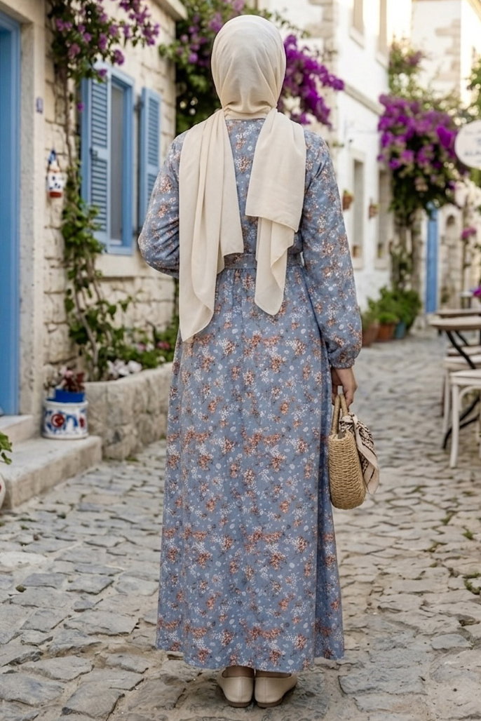 Desenli Kuşaklı Lastik Detaylı Elbise - 2115-INDIGO - 3