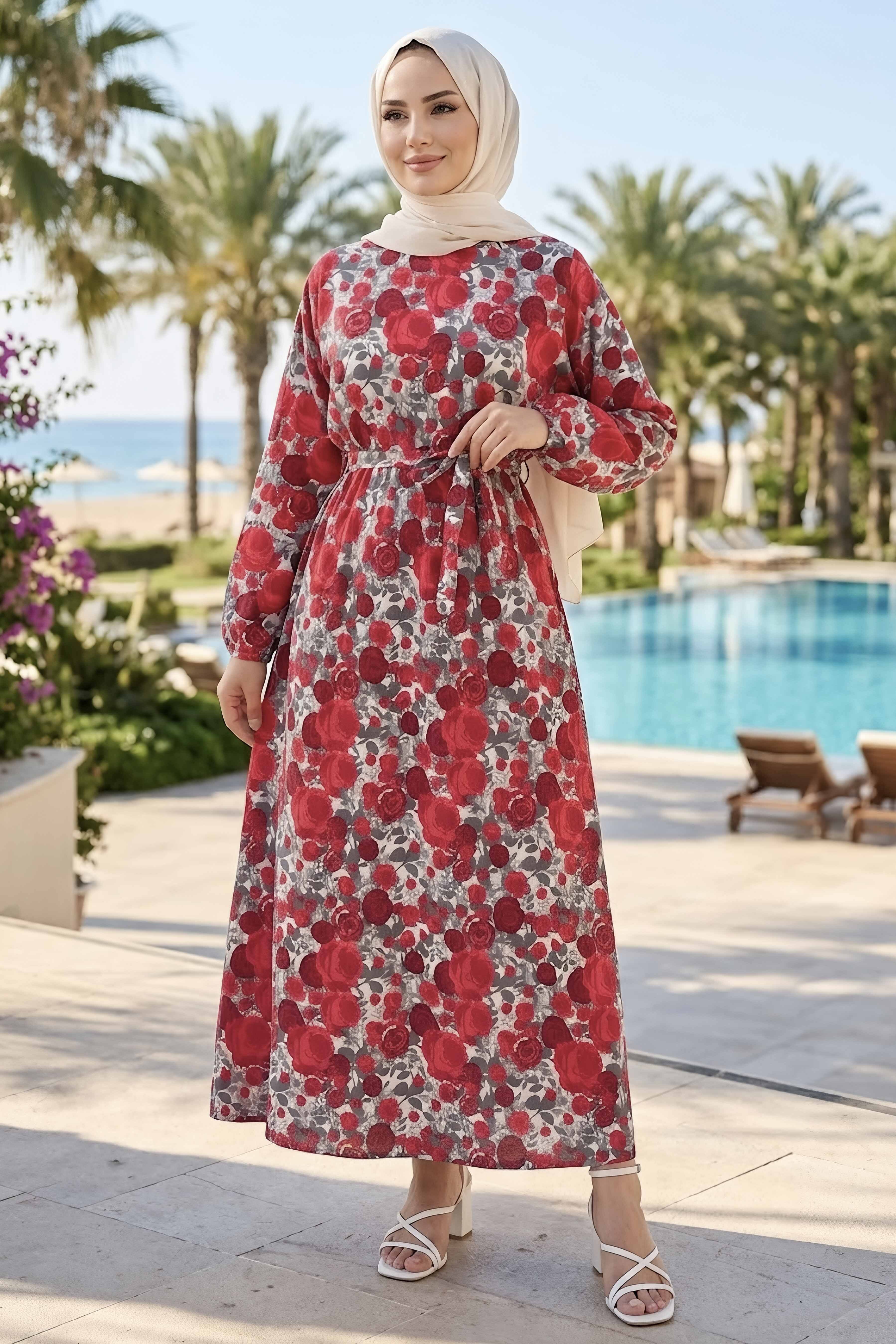 Desenli Kuşaklı Lastik Detaylı Elbise - 2115-KIRMIZI - 1
