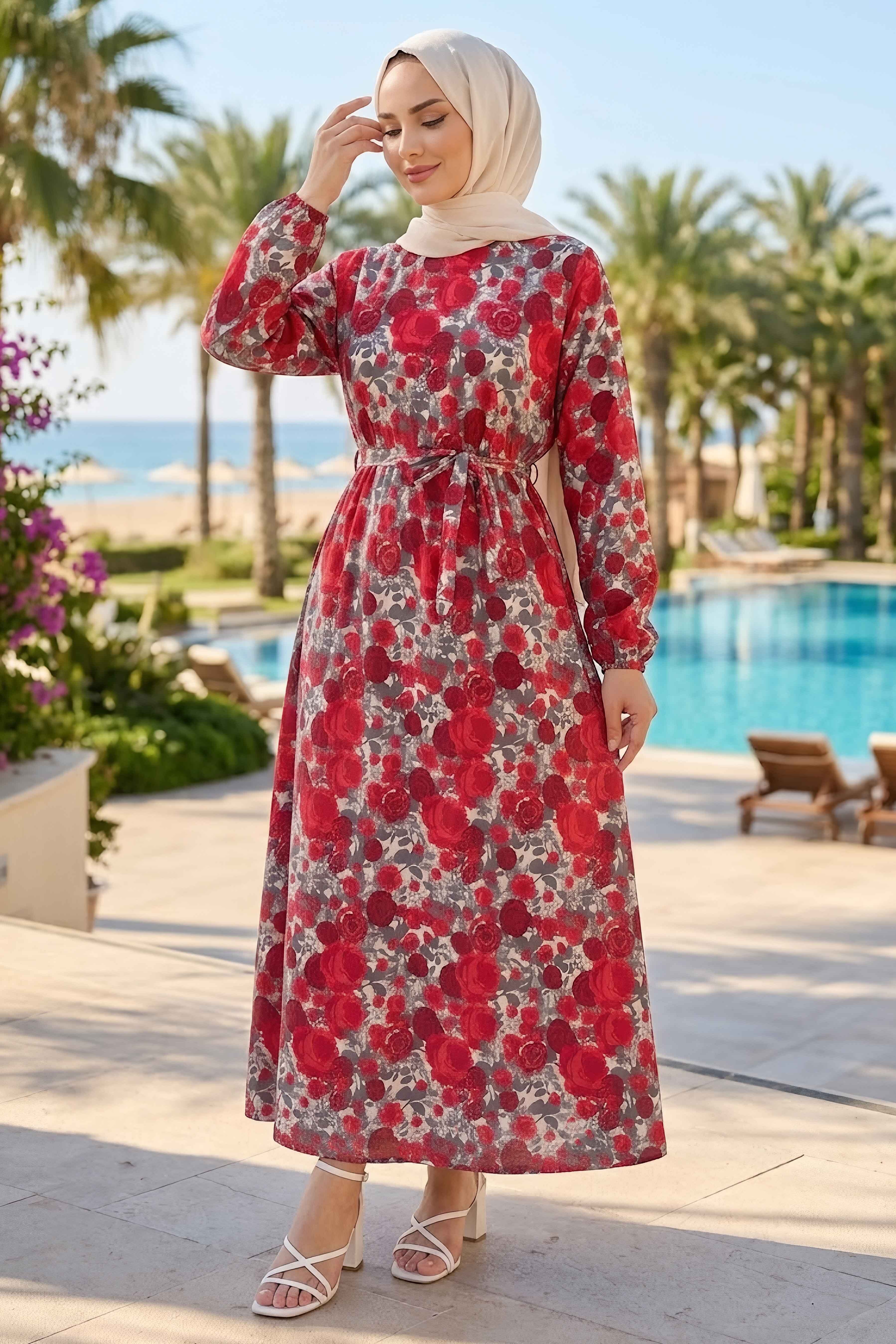 Desenli Kuşaklı Lastik Detaylı Elbise - 2115-KIRMIZI - 2