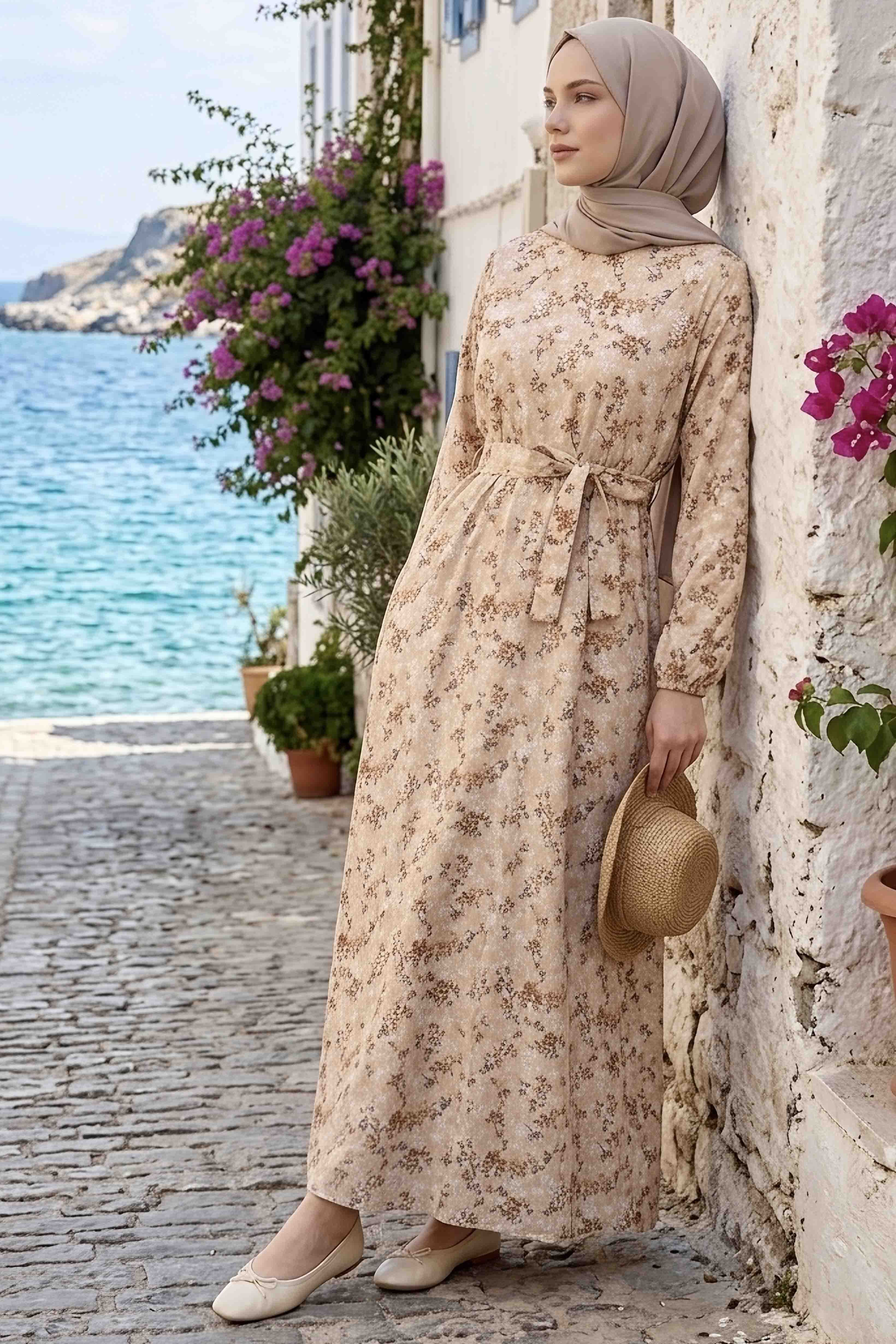 Desenli Kuşaklı Lastik Detaylı Elbise - 2115-KREM - 1