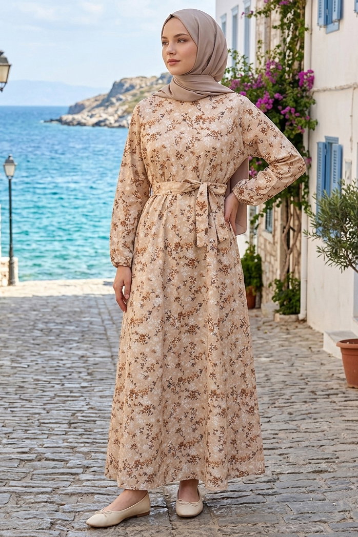 Desenli Kuşaklı Lastik Detaylı Elbise - 2115-KREM - 2