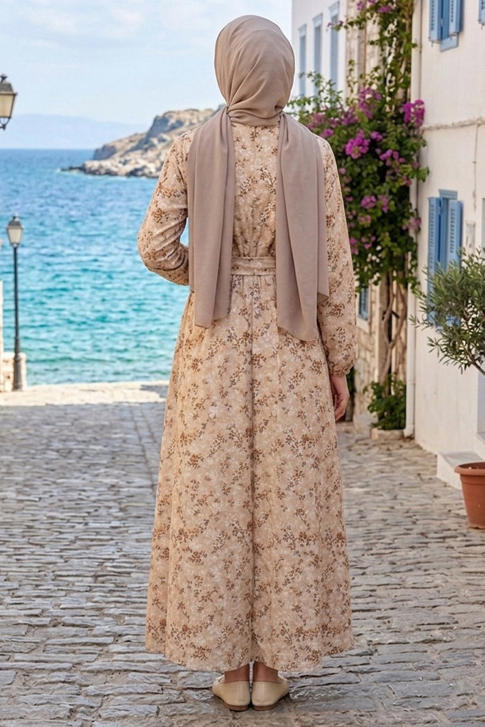 Desenli Kuşaklı Lastik Detaylı Elbise - 2115-KREM - 3