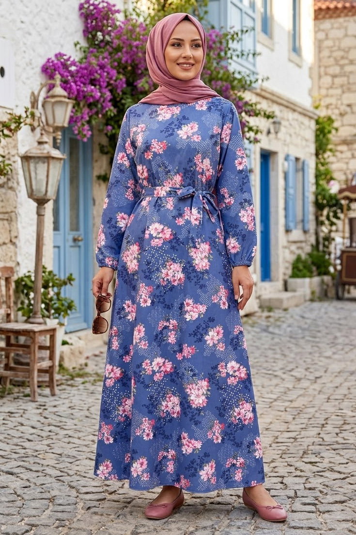 Desenli Kuşaklı Lastik Detaylı Elbise - 2115-LACIVERT - 1