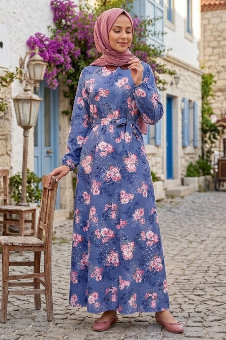Desenli Kuşaklı Lastik Detaylı Elbise - 2115-LACIVERT - 2