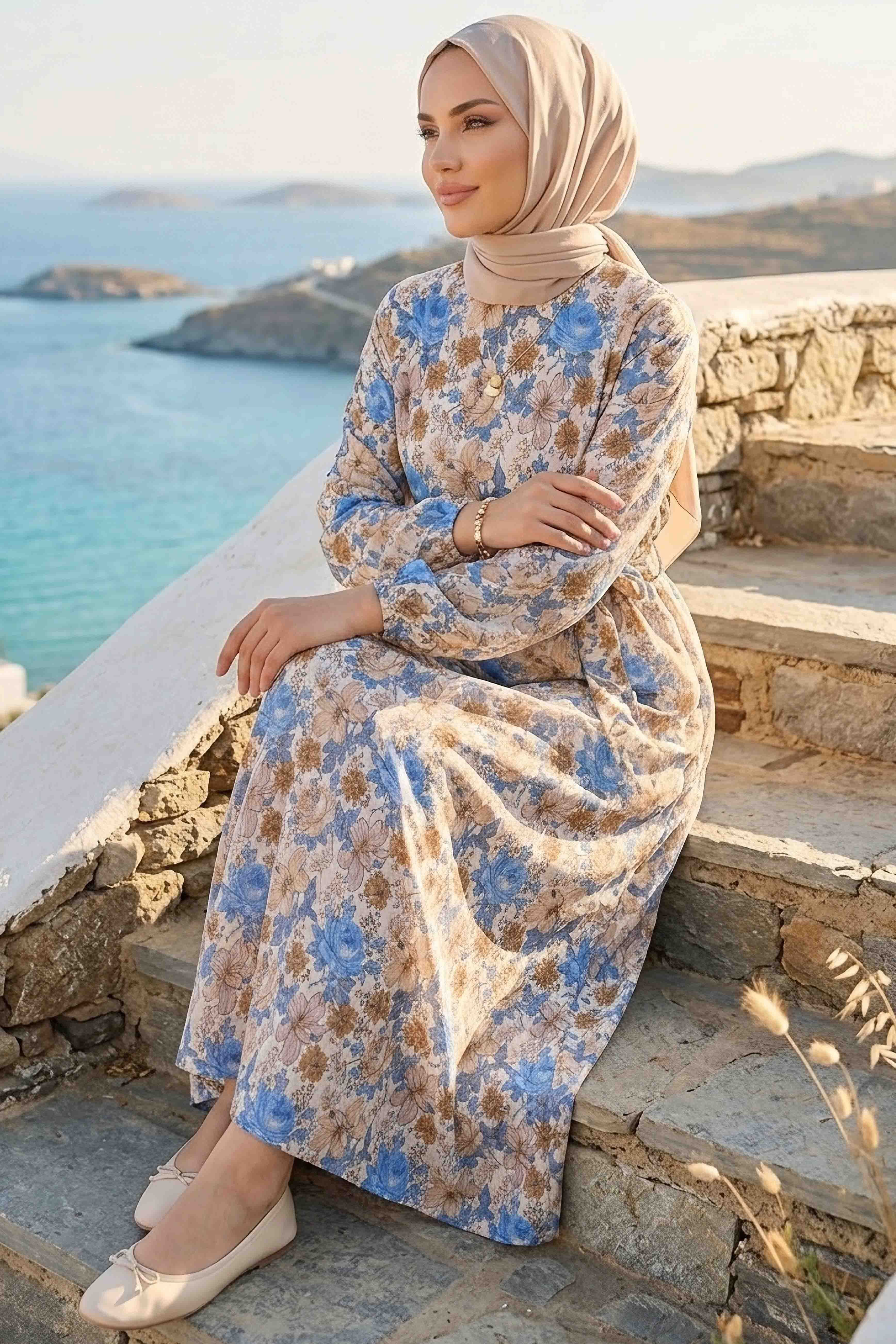 Desenli Kuşaklı Lastik Detaylı Elbise - 2115-MAVI-BEYAZ - 1