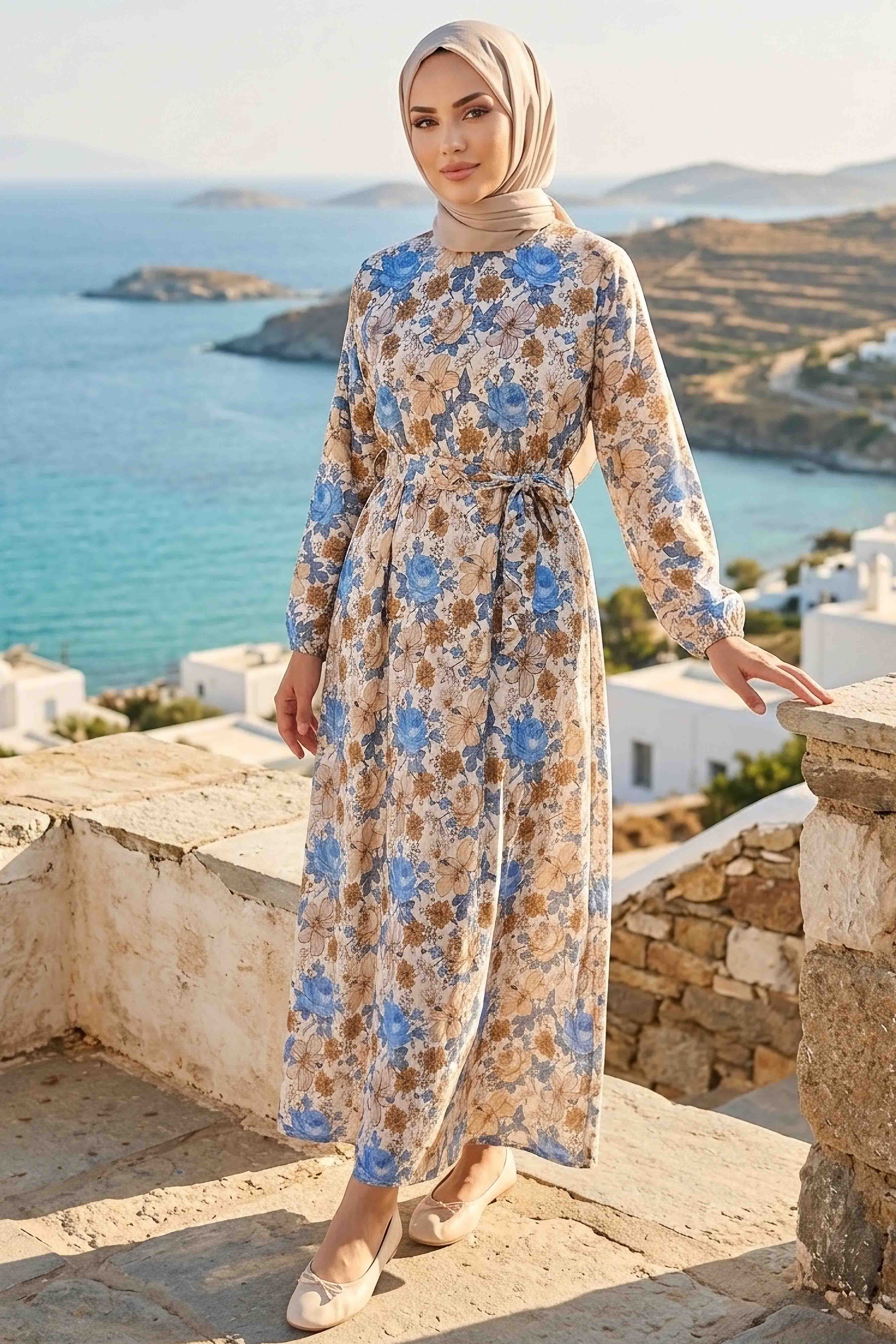 Desenli Kuşaklı Lastik Detaylı Elbise - 2115-MAVI-BEYAZ - 2